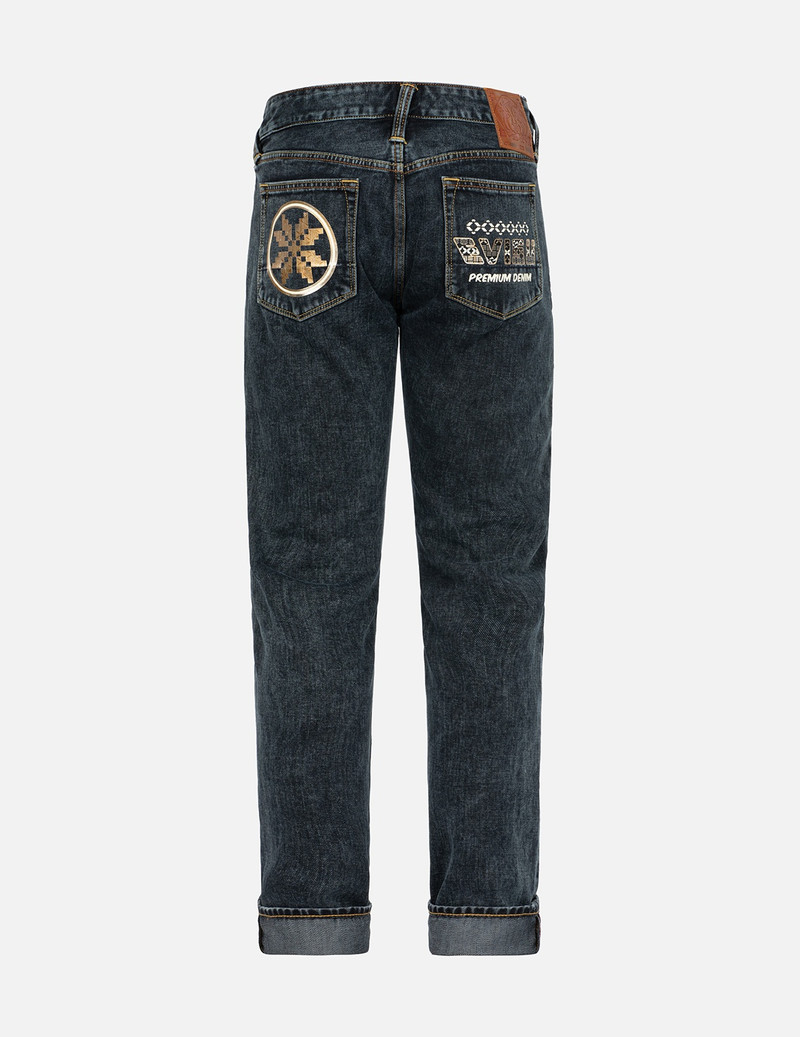 EVISU FAIR ISLE PATTERN KAMON AND LOGO PRINT CARROT FIT JEANS #2017 outlook