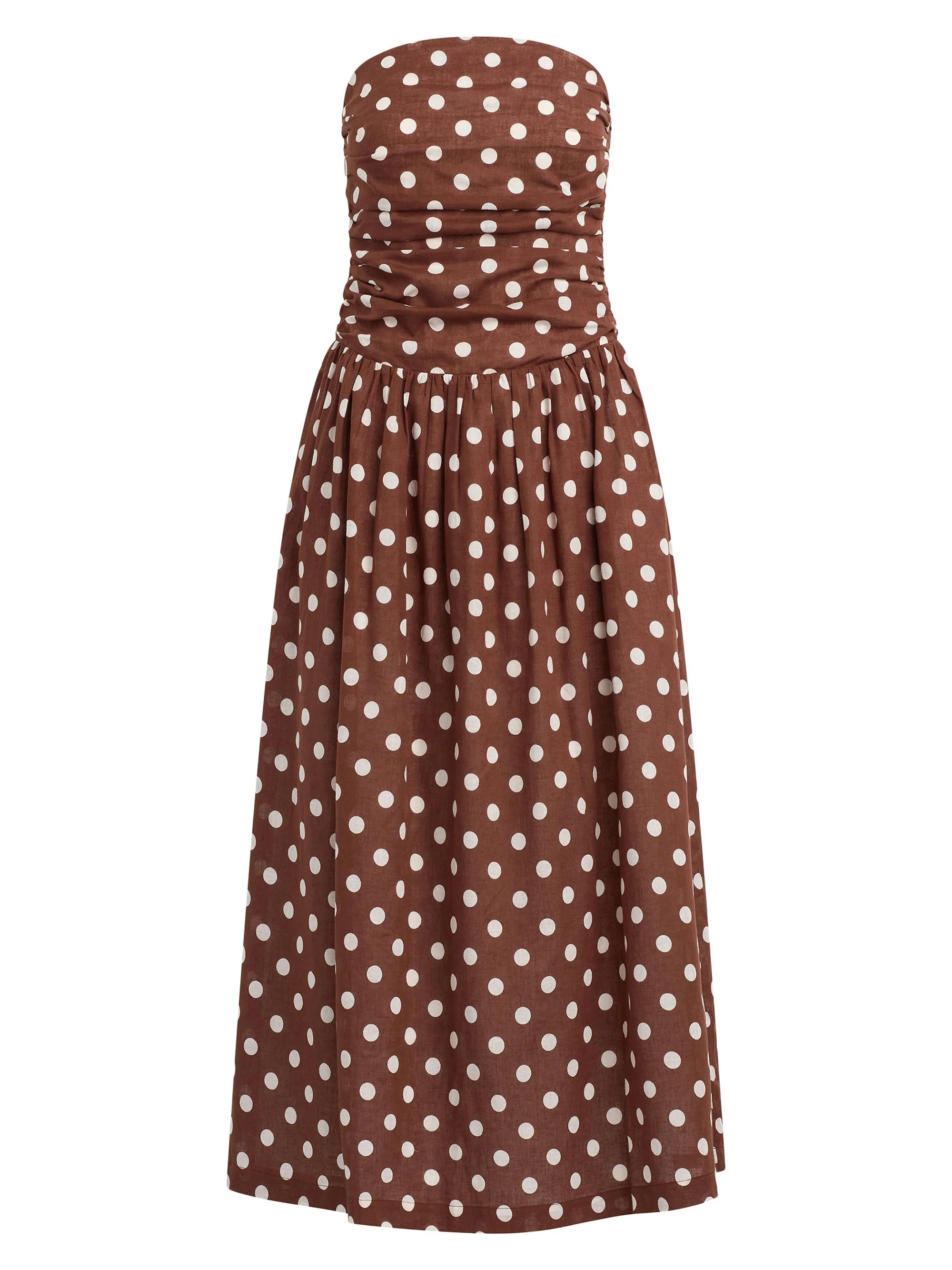 Women's The Reina Polka Dot Strapless Midi-Dress - Chocolate Ecru Dot - 1