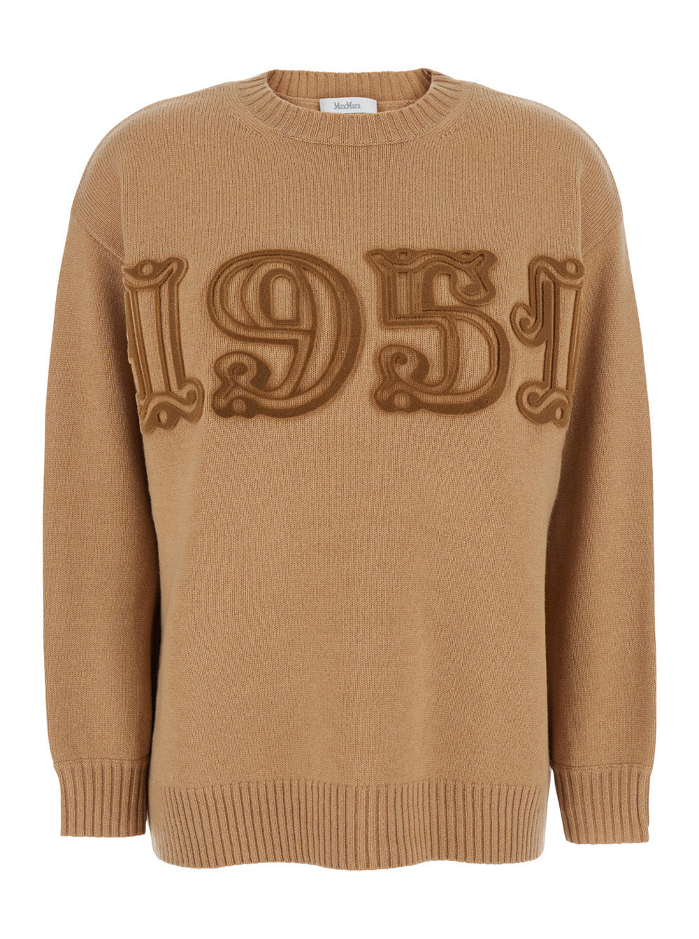 Max Mara Women Beige Crew Neck Sweater With Front Embroidery In Wool And Cashmere Blend Woman - 1