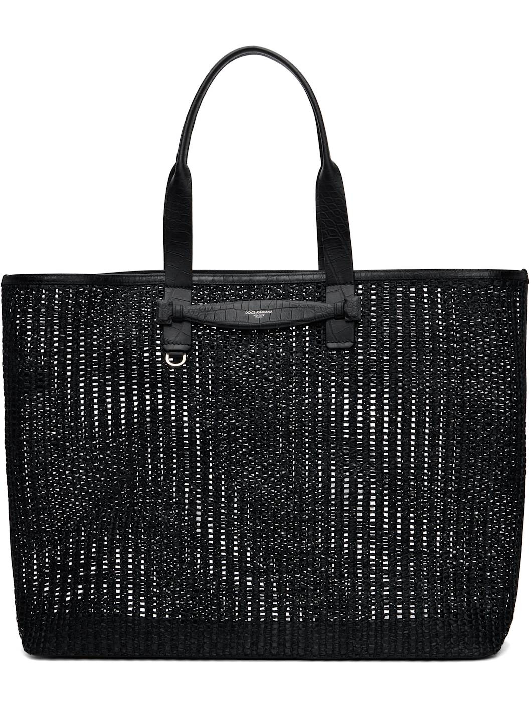 Black Woven Mesh & Calfskin Shopper Tote - 1