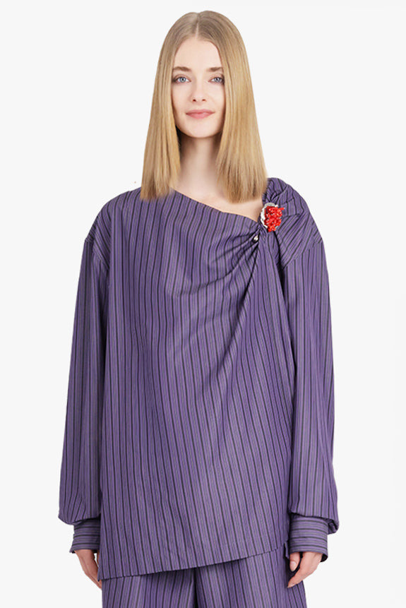 CIJOU STRIPE ASYMMETRICAL KNOT DETAIL L/S BLOUSE | PURPLE STEEL - 2