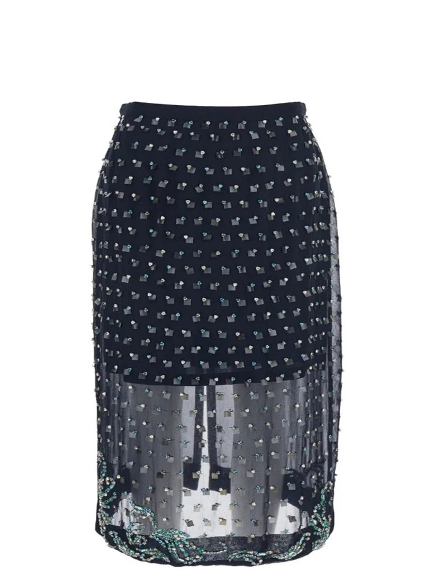 Dries Van Noten Blue Georgette Midi Skirt With Embroidered Crystals - 1