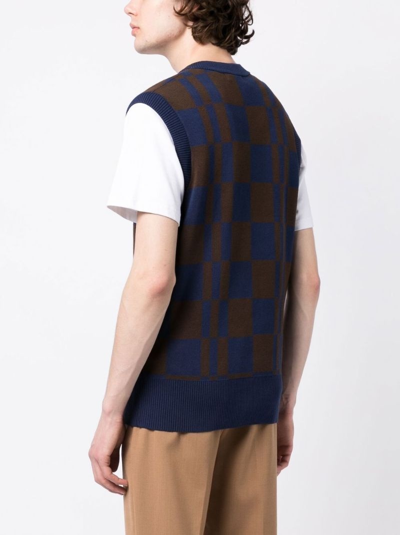 Checkerboard V-neck knitted vest - 4