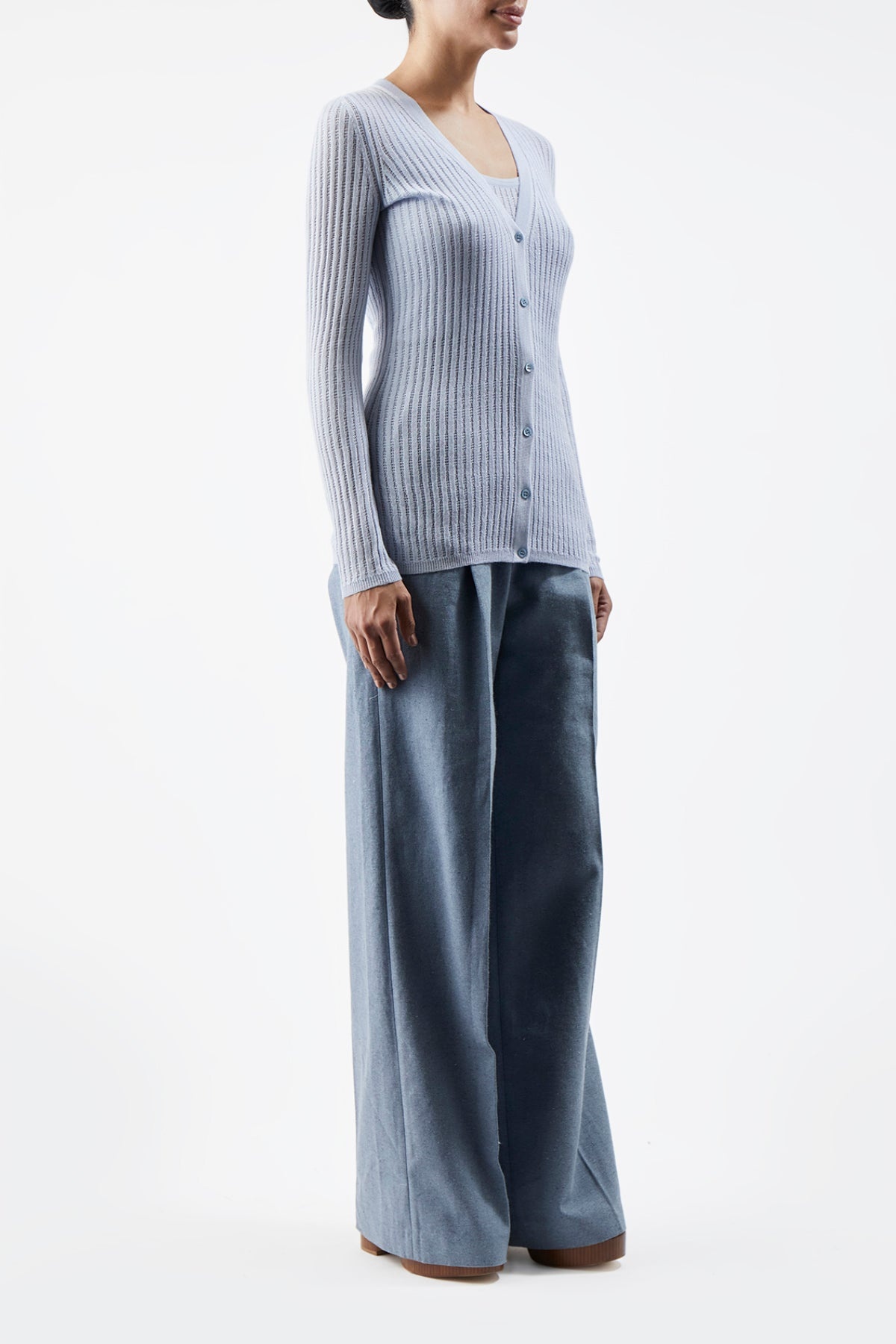 Homer Pointelle V-Neck Cardigan in Halogen Blue Silk Cashmere - 3