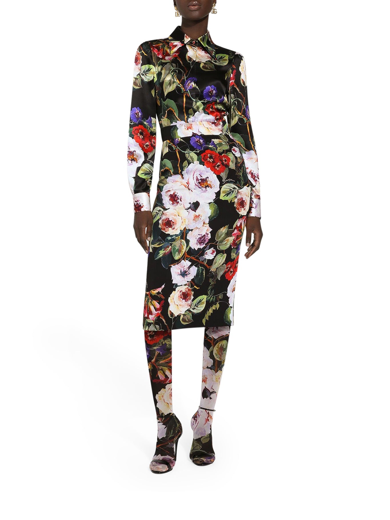 Dolce & Gabbana LONGUETTE SKIRT IN ROSETO PRINT CHARMEUSE