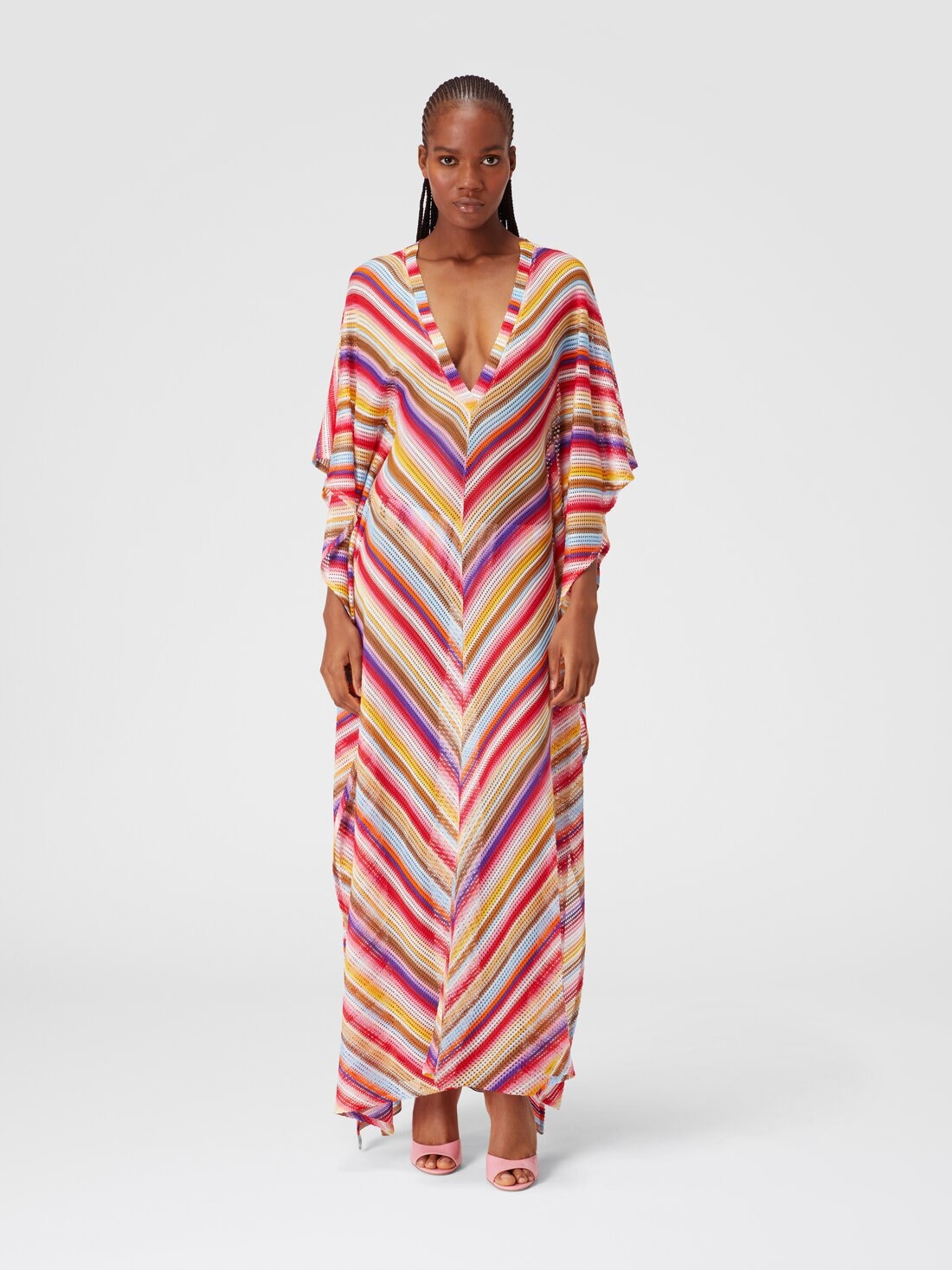 Long cover up kaftan in striped crochet - 2