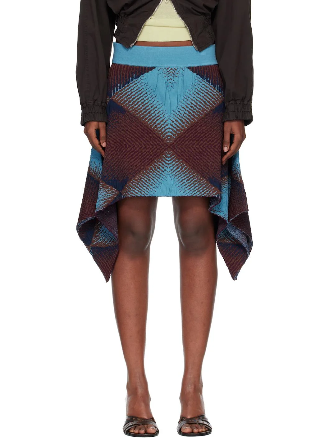 Brown & Blue Ikat Argyle Jacquard Miniskirt - 1