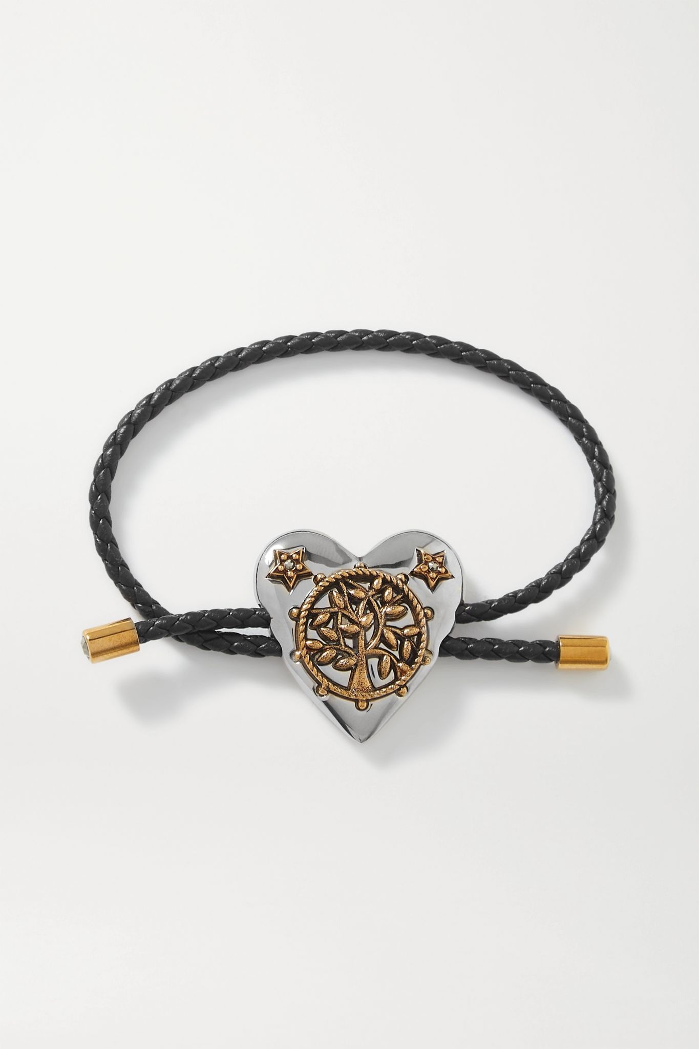 Heart woven leather, silver and gold-tone crystal bracelet - 1