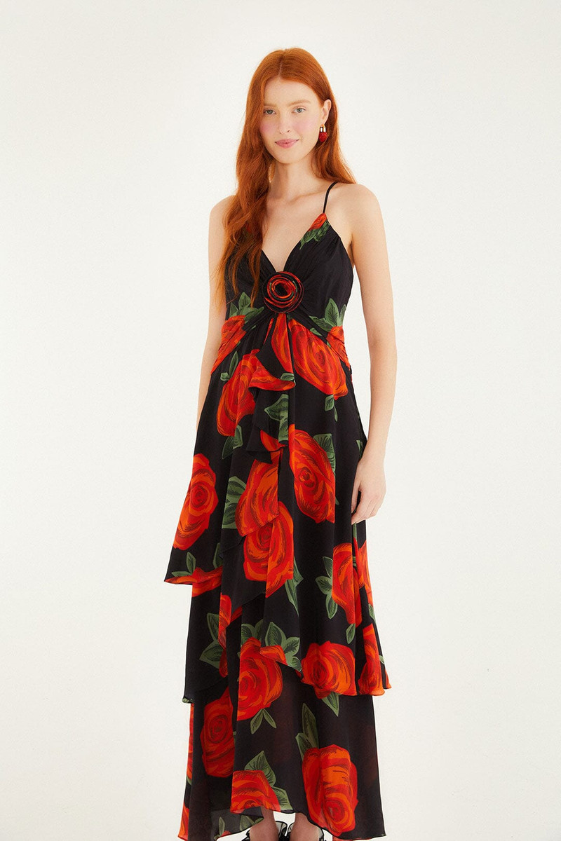 Black Latin Roses 3D Flower Layered Maxi Dress 4