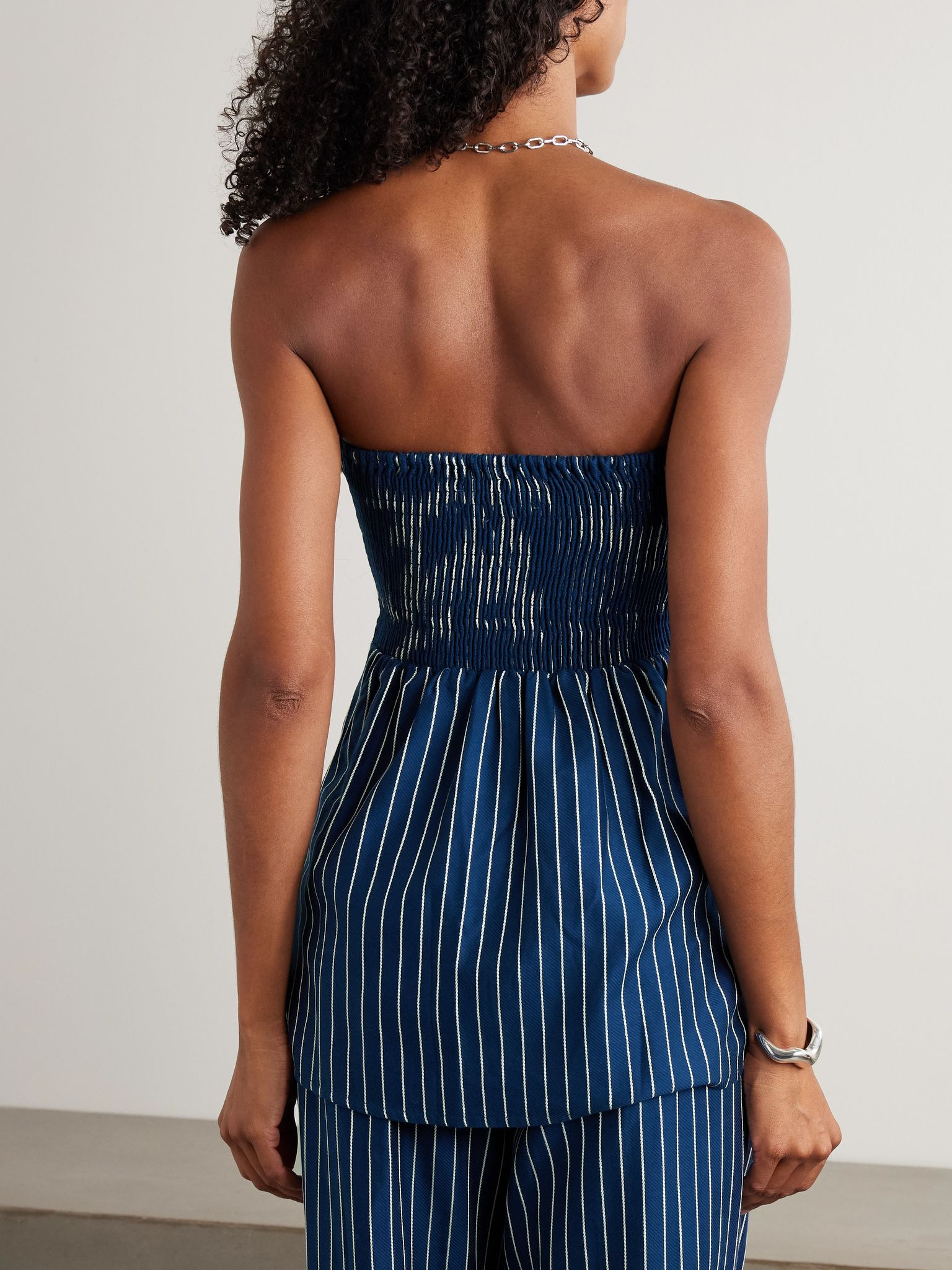 Britta striped gathered cotton-twill top Navy - 3