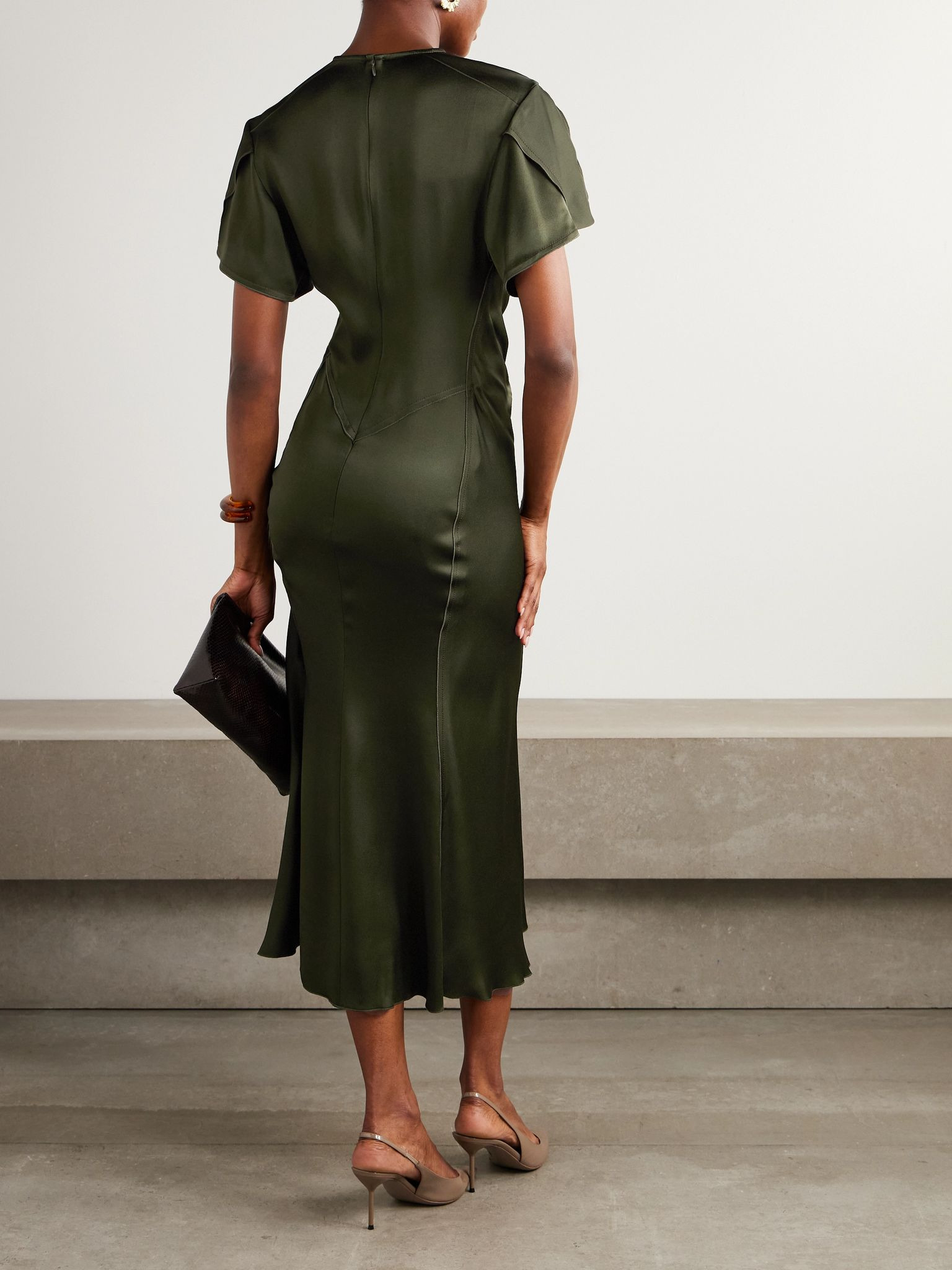 Bella gathered satin midi dress Dark green - 3