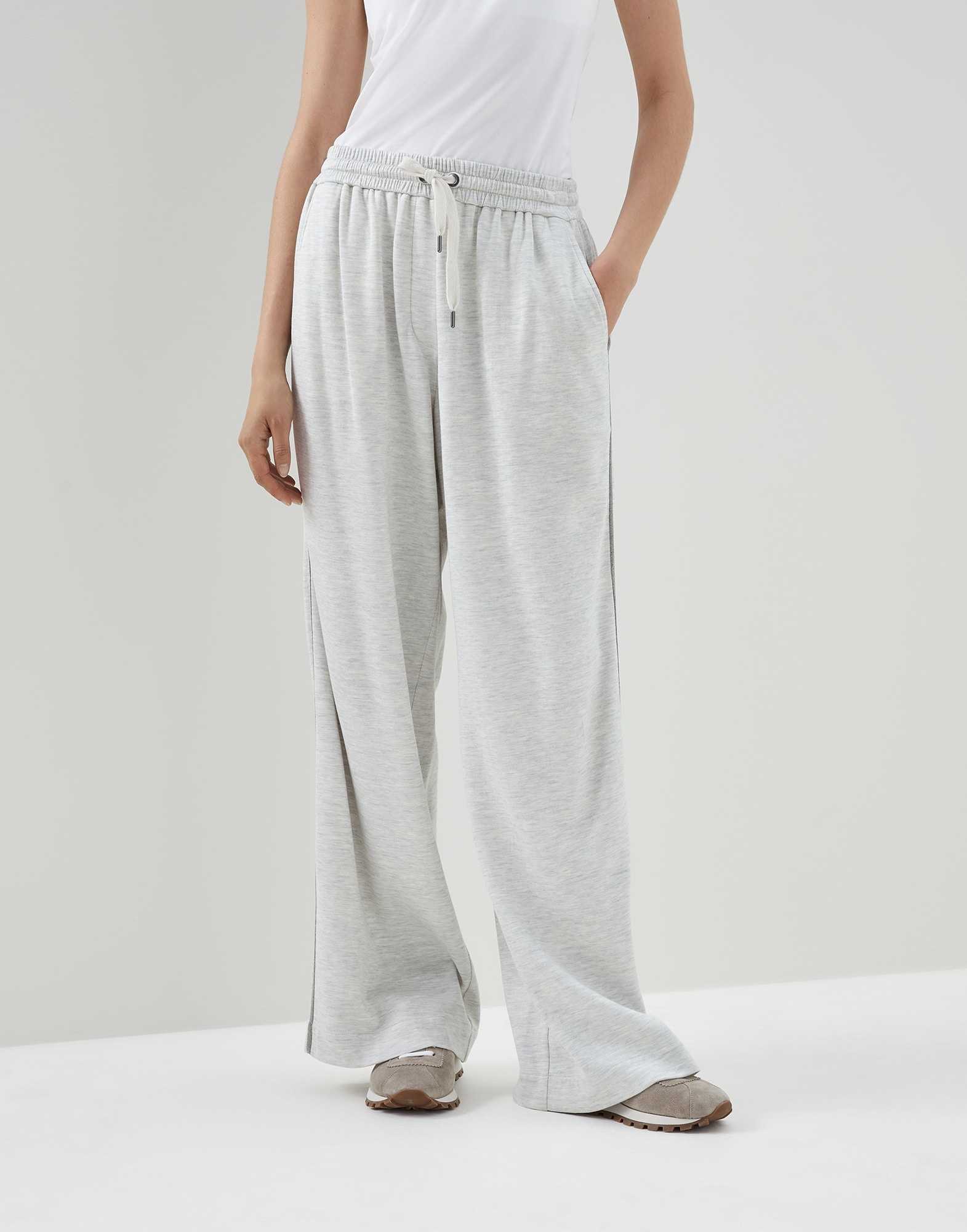 Comfort cotton and silk interlock wide trousers with precious stripe - 1