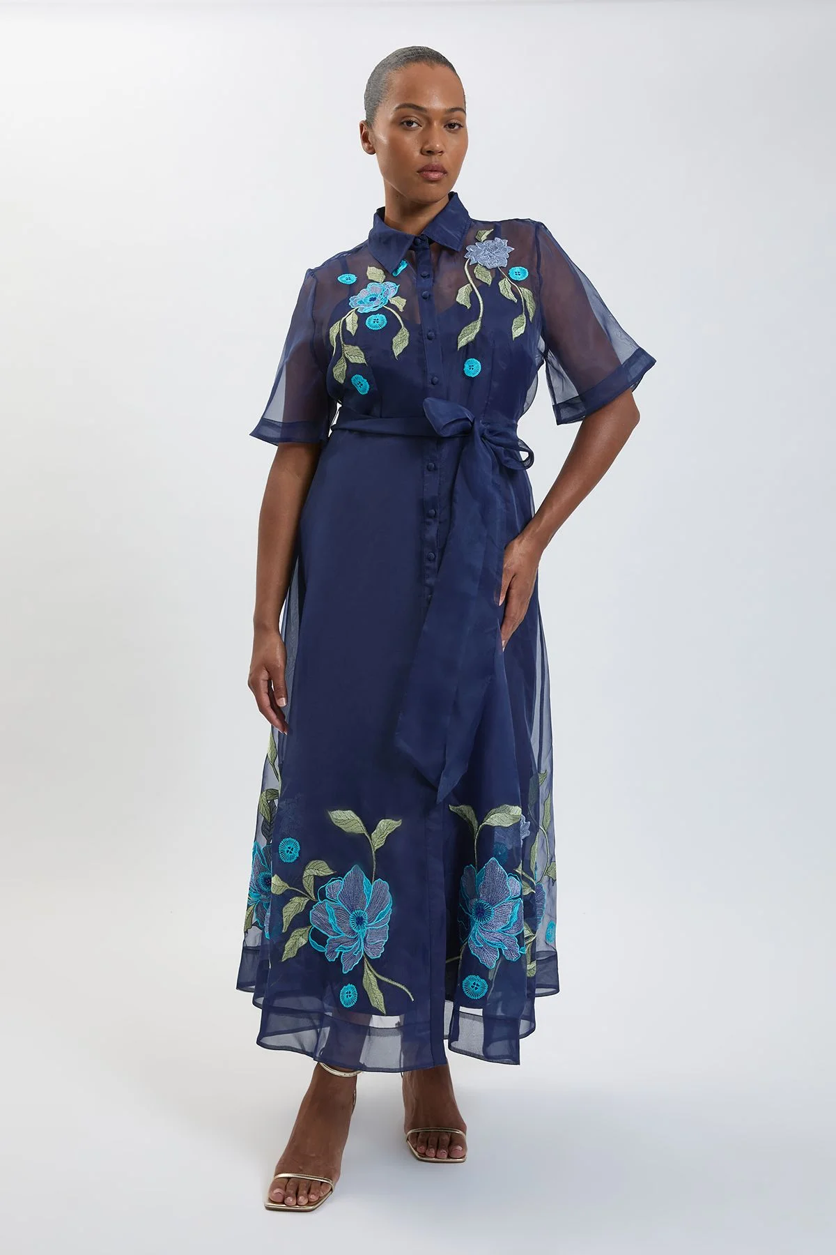 Plus Size Embellished Detail Organdie Belted Shirt Dress - 1