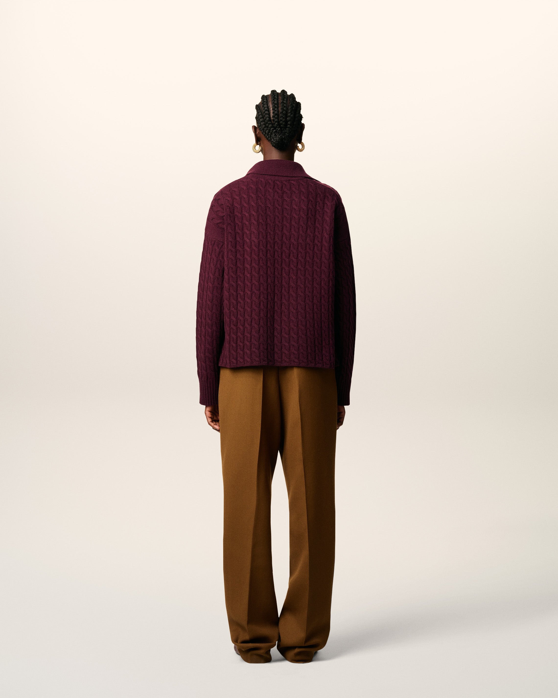 BURGUNDY WOOL CABLES KNIT POLO - 5