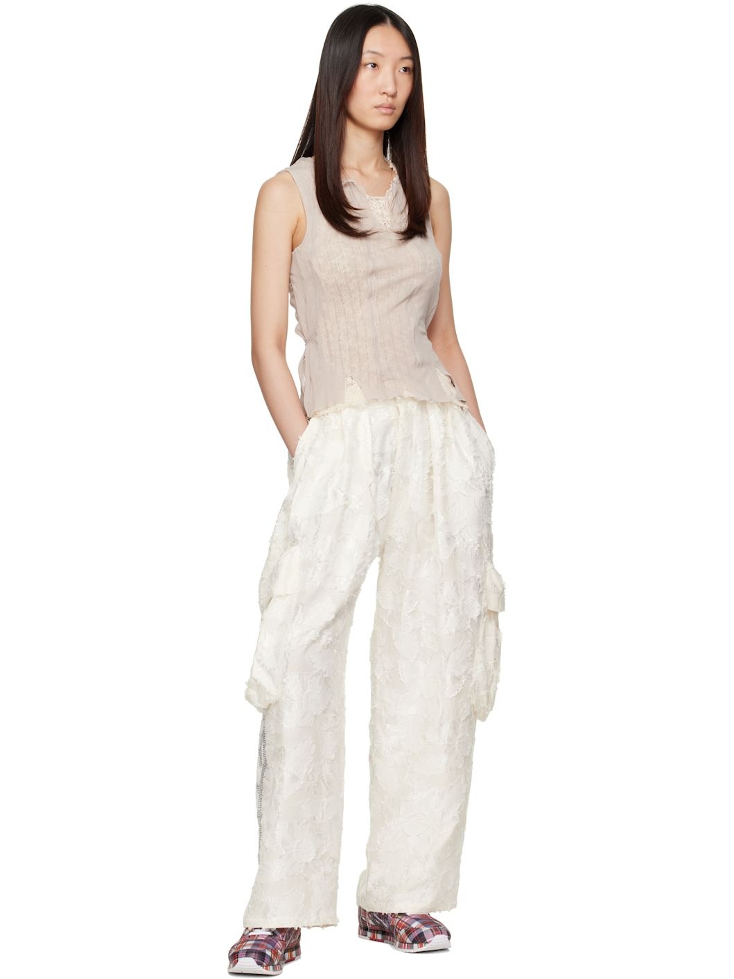 White Pleated Cargo Pants - 4