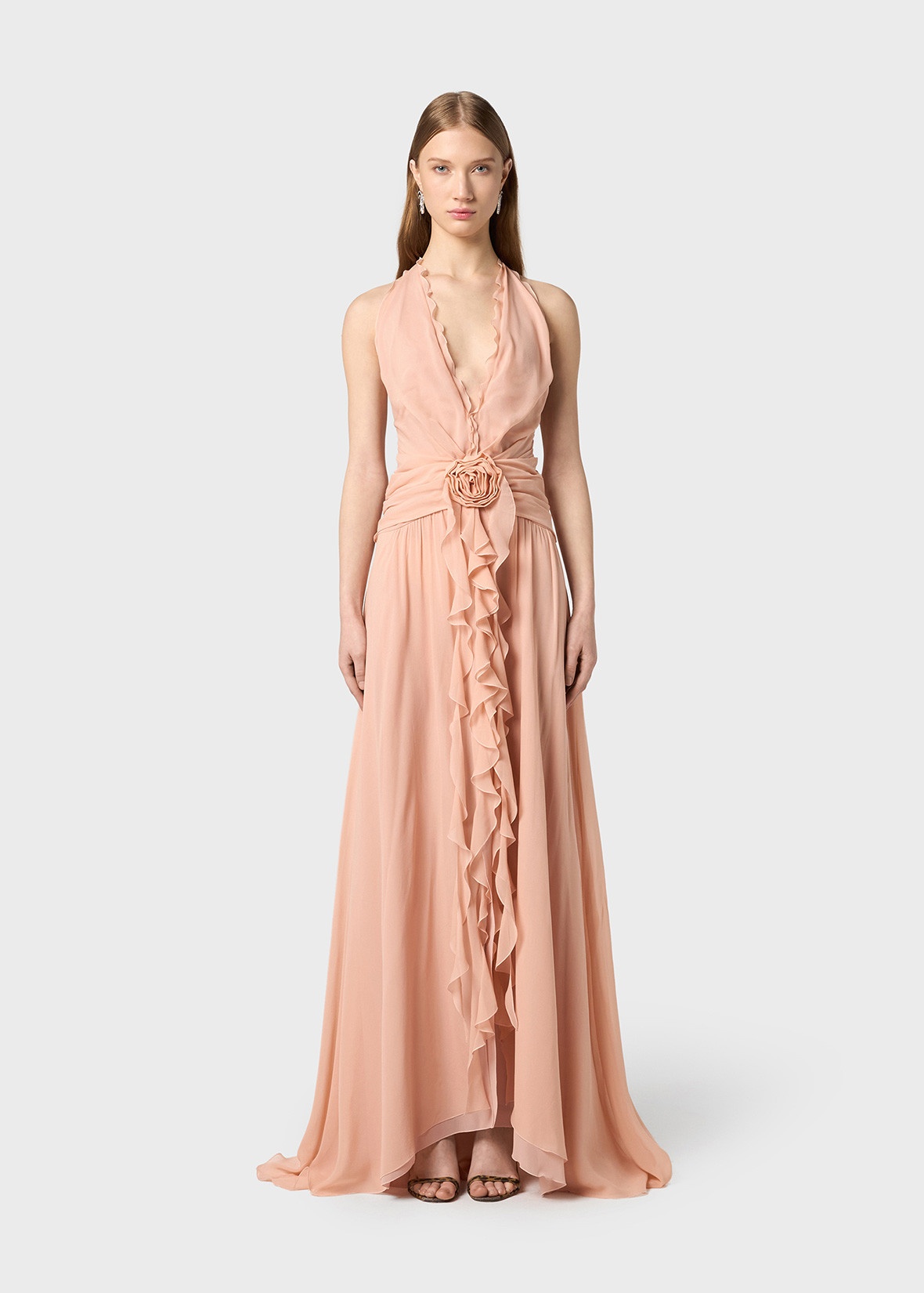 LONG GEORGETTE DRESS WITH RUFFLES AND ROSE DECORATION - 3