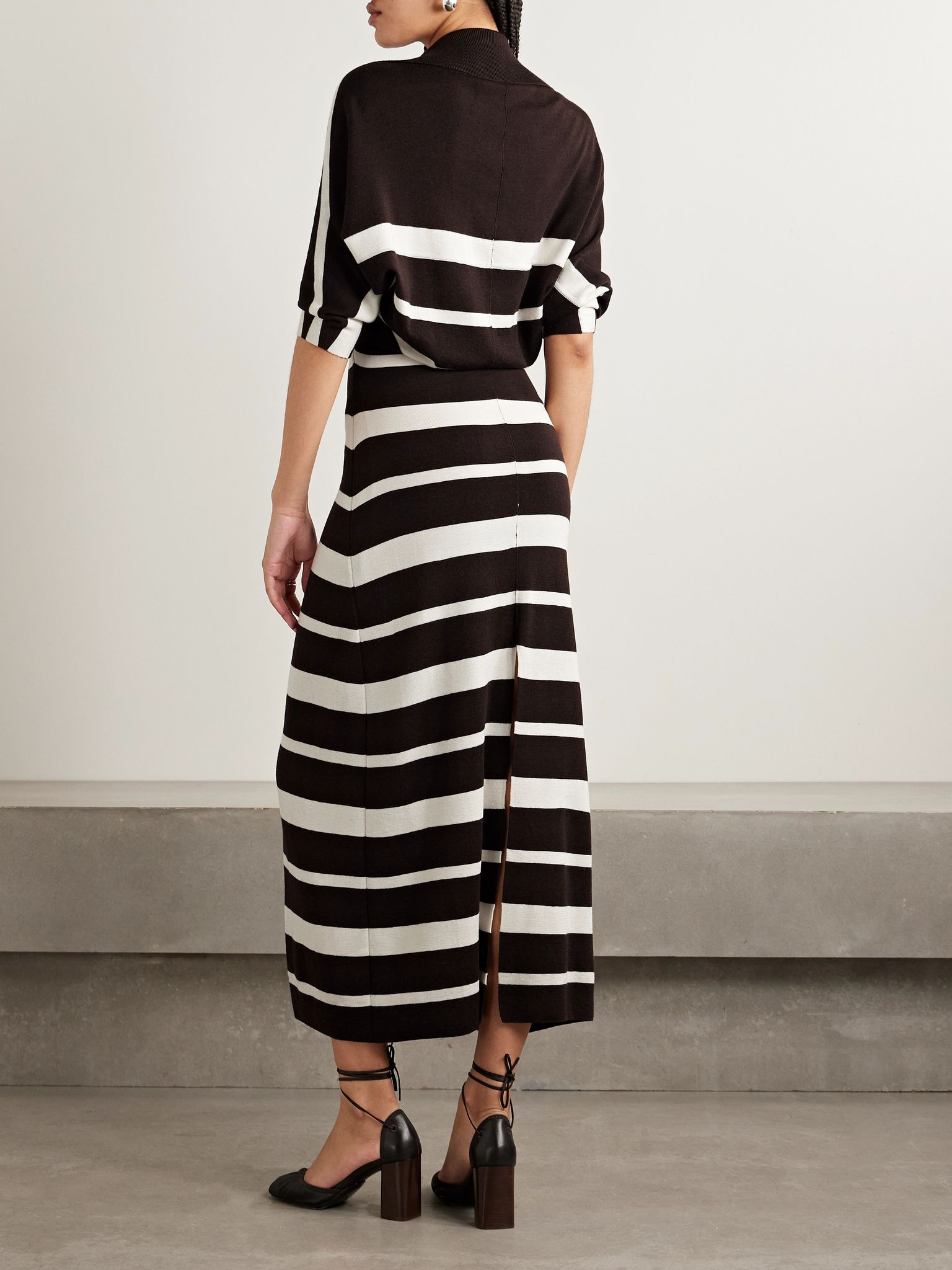 Solana striped wool and silk-blend midi dress Brown - 3
