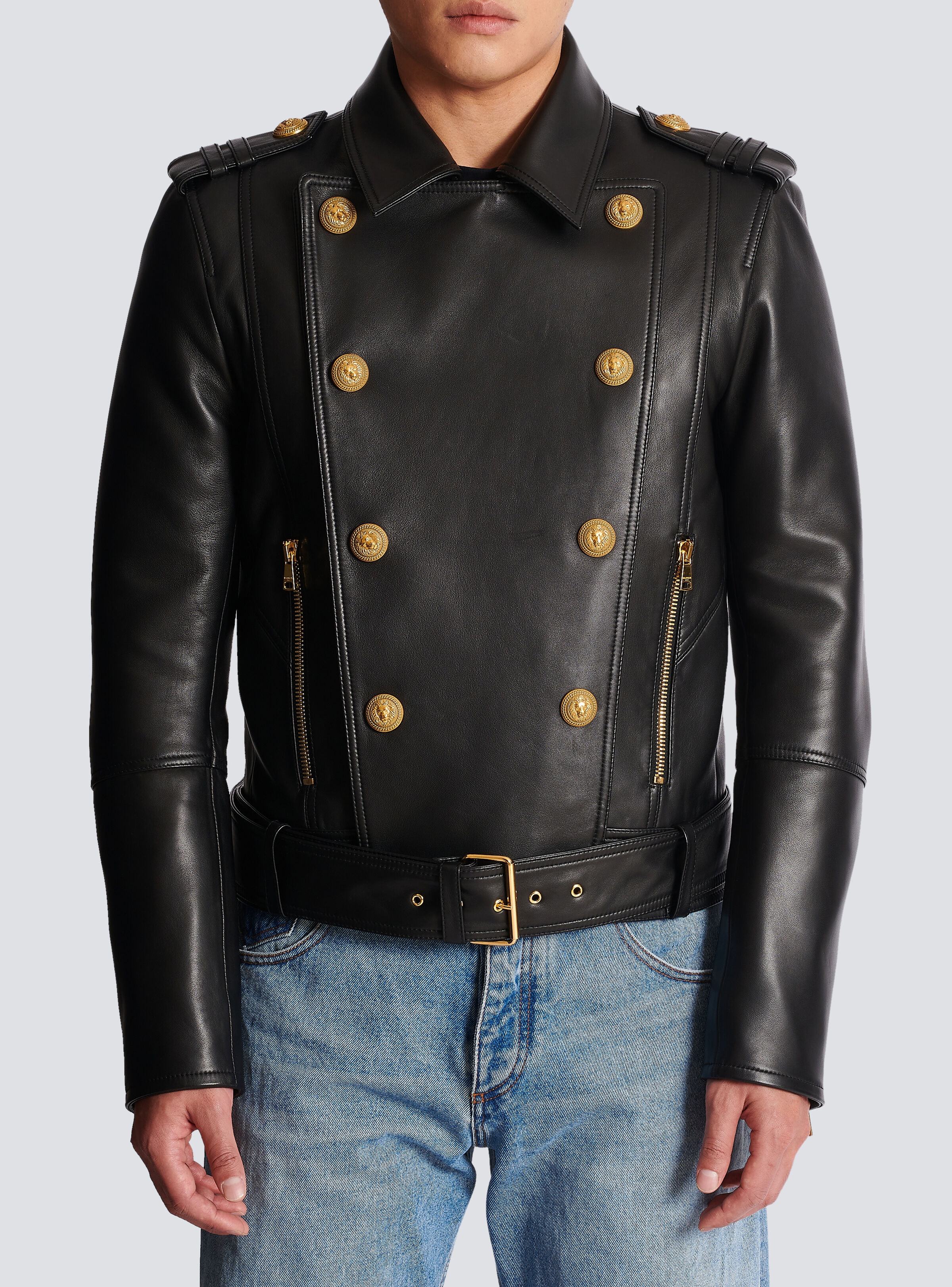 Double-breasted buttoned leather biker jacket - 5