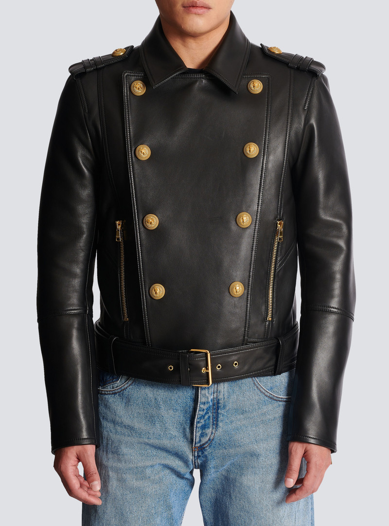 Double-breasted buttoned leather biker jacket 5