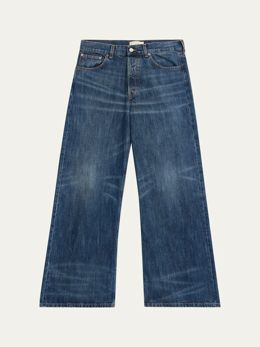 Men's Whiskered Dark Blue Denim Wide-Leg Jeans - 1
