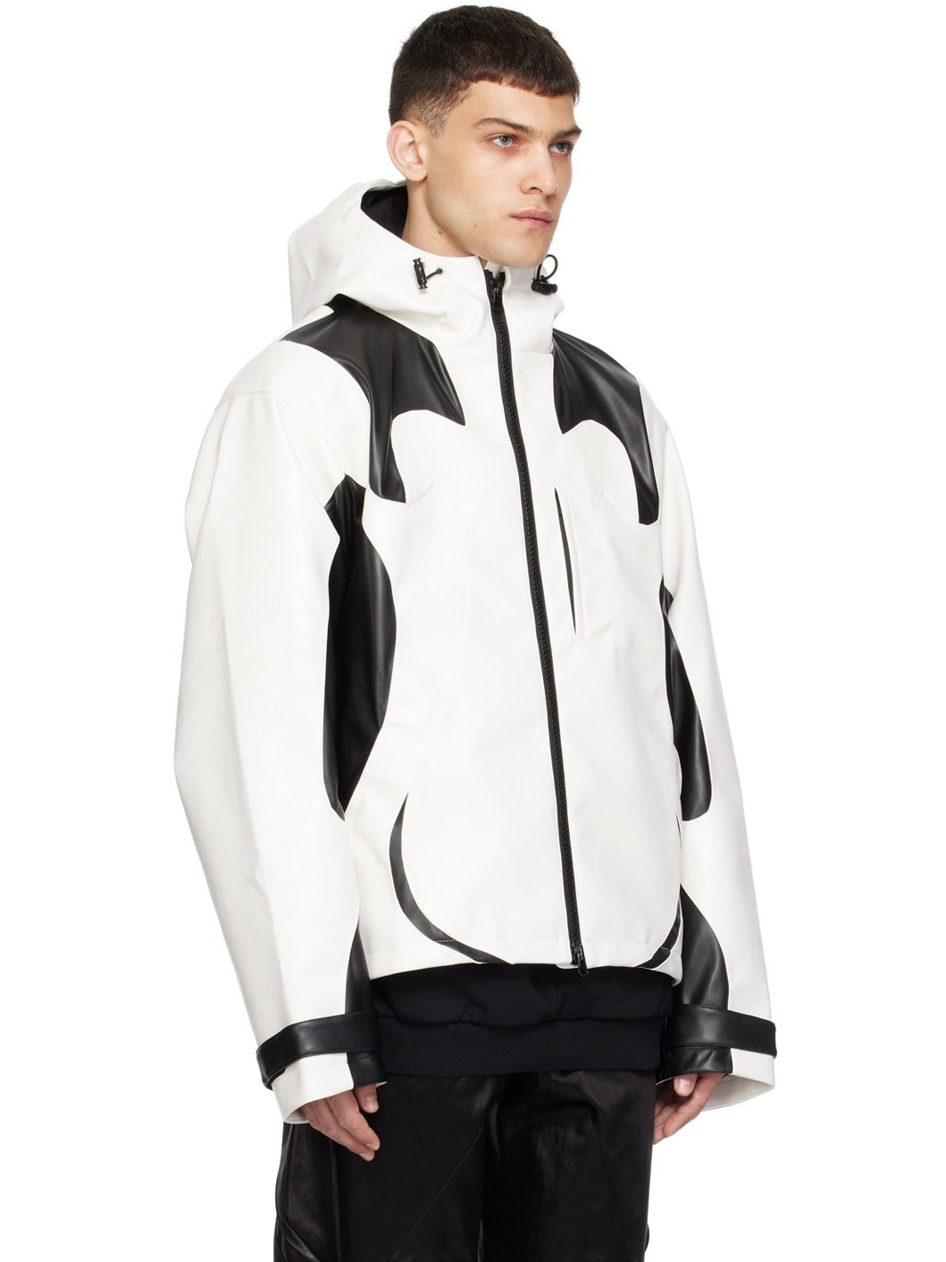 White & Black Paneled Faux-Leather Jacket - 2