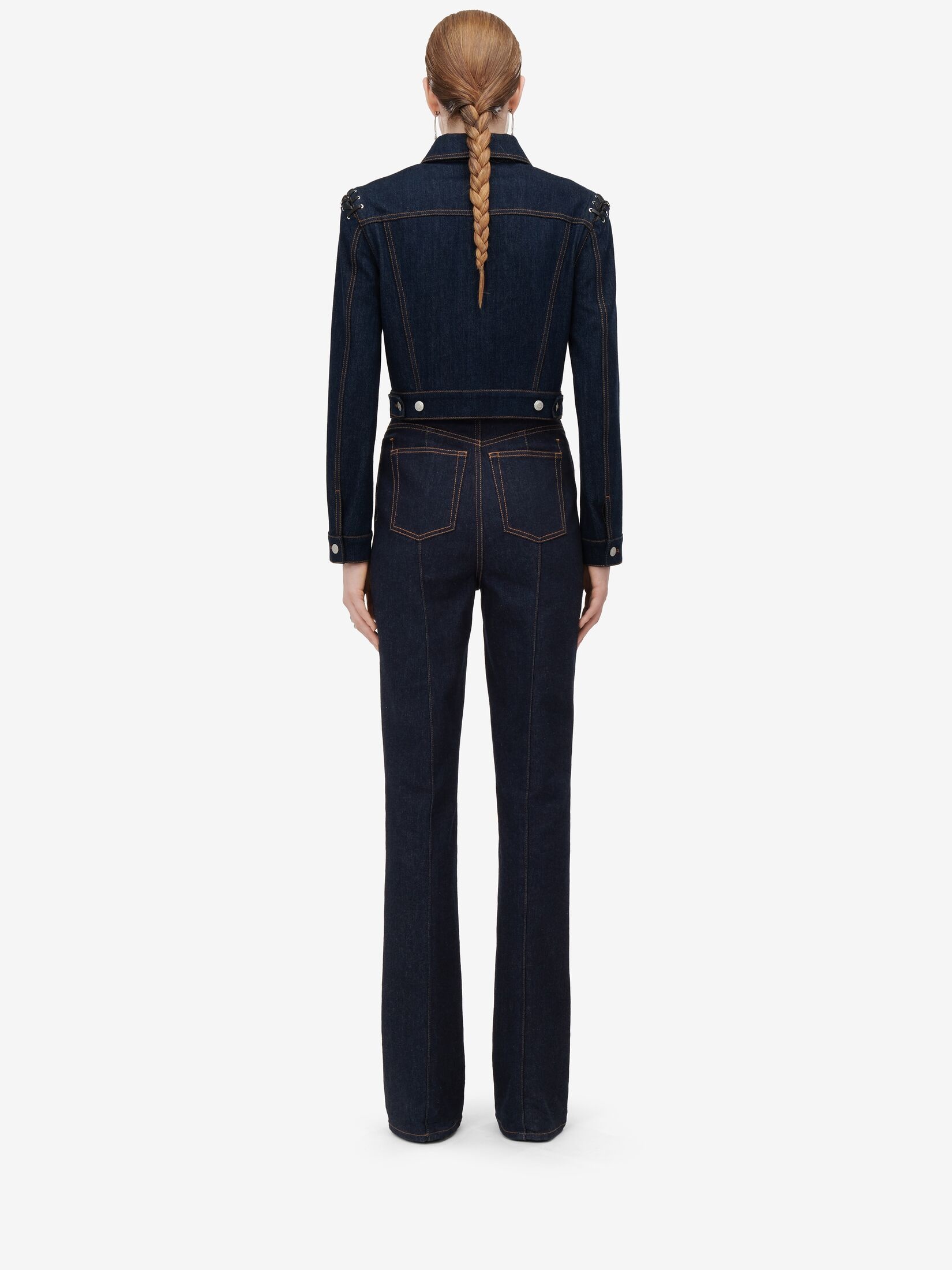 Women's Lace Detail Cropped Denim Jacket in Denim - 4