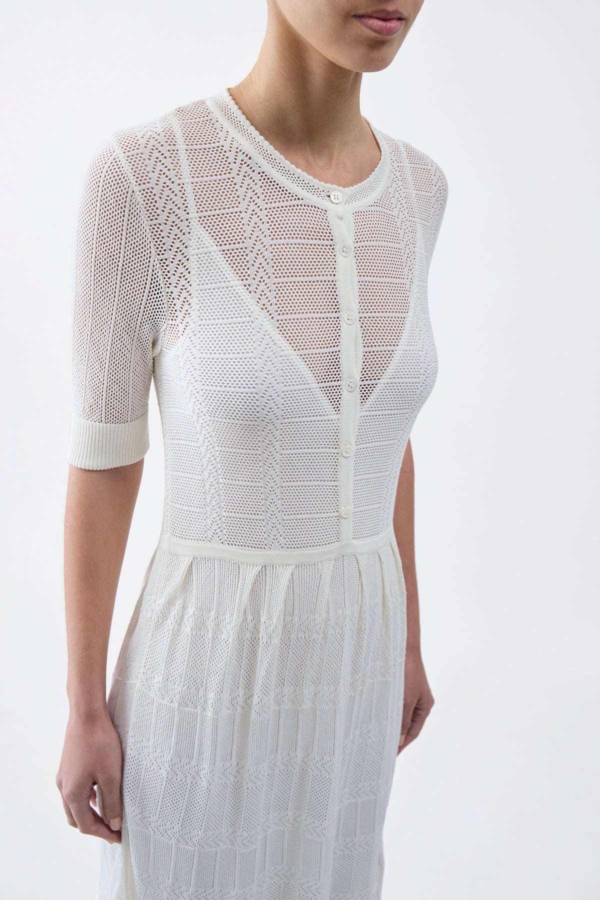 Iris Pointelle Knit Dress with Slip in Ivory Cotton Silk - 4
