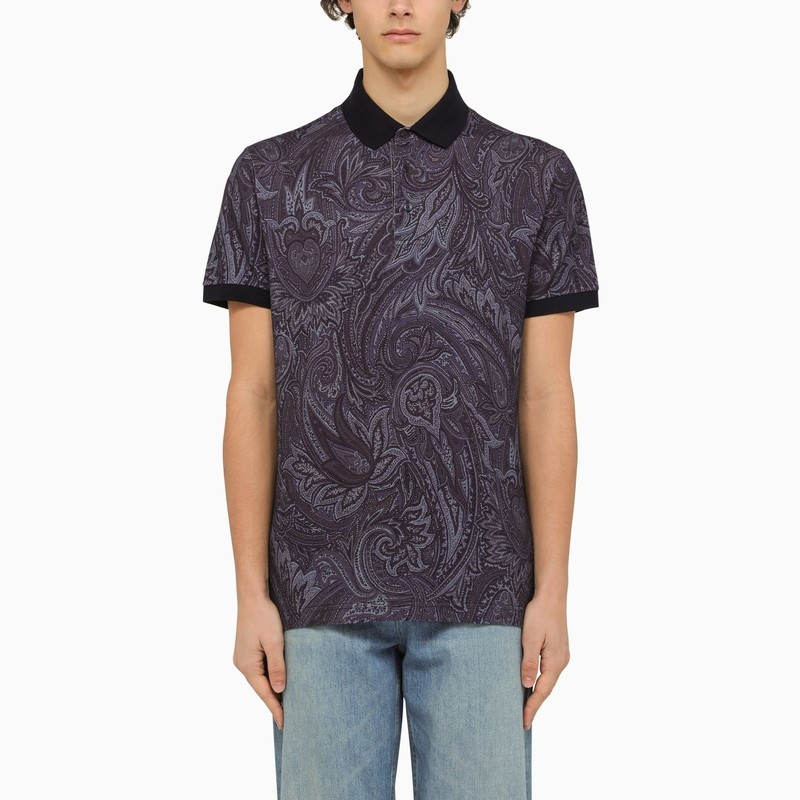 Blue short sleeved polo with Paisley print - 1