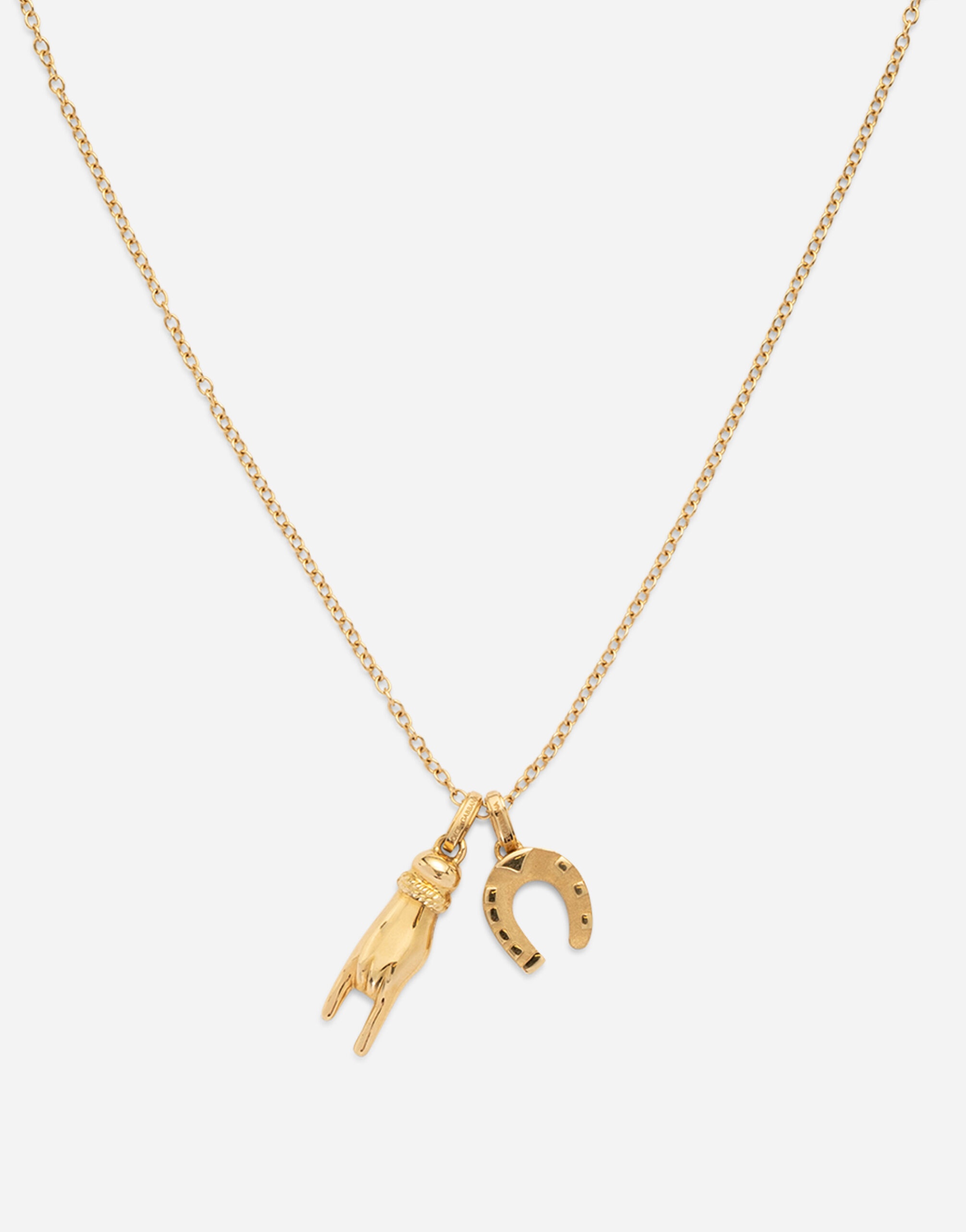 Good luck hand with horn and horseshoe pendants on yellow gold chain - 3