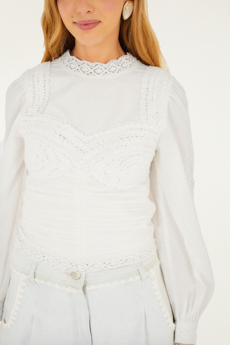 FARM RIO Off-White Crew Neck Long Sleeve Crochet Blouse outlook