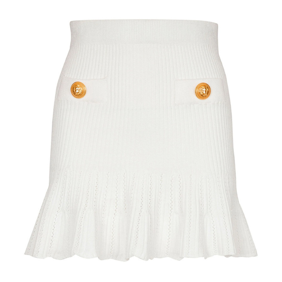 Balmain Ladies Blanc Peplum-Hem Knitted Mini Skirt - 5