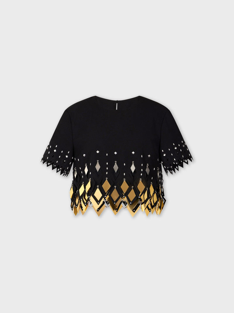 BLACK CREPE CROP TOP WITH DIAMOND-SHAPED LASER ASSEMBLY 1