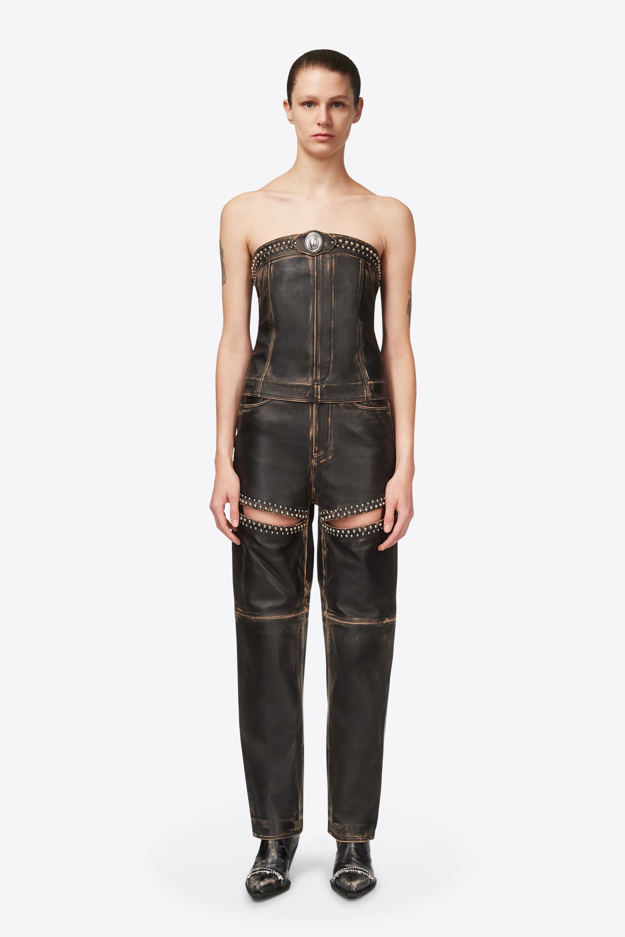 STUDDED LEATHER STRAPLESS TOP - 3