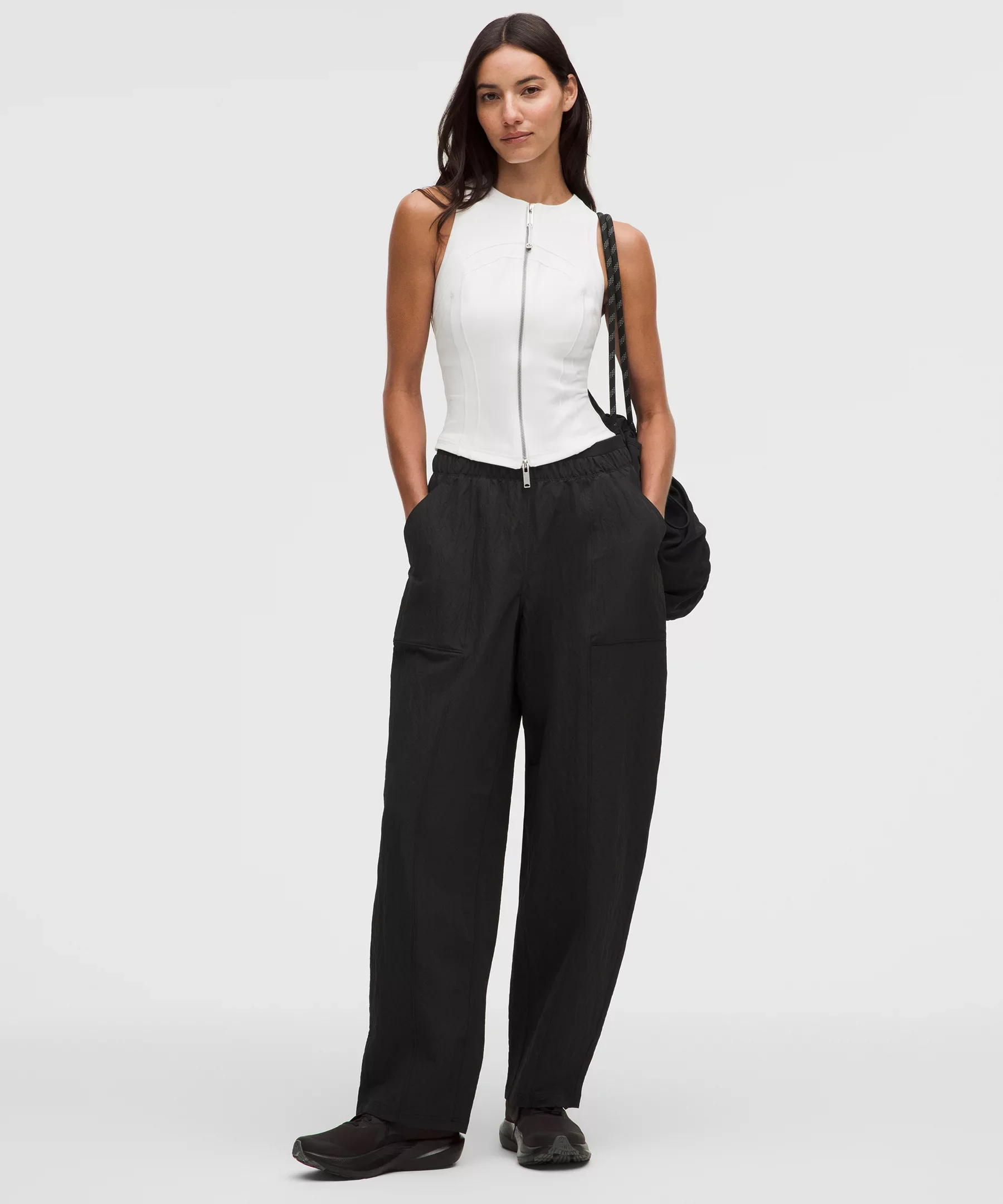 Crinkle Nylon Mid-Rise Barrel-Leg Pant - 1