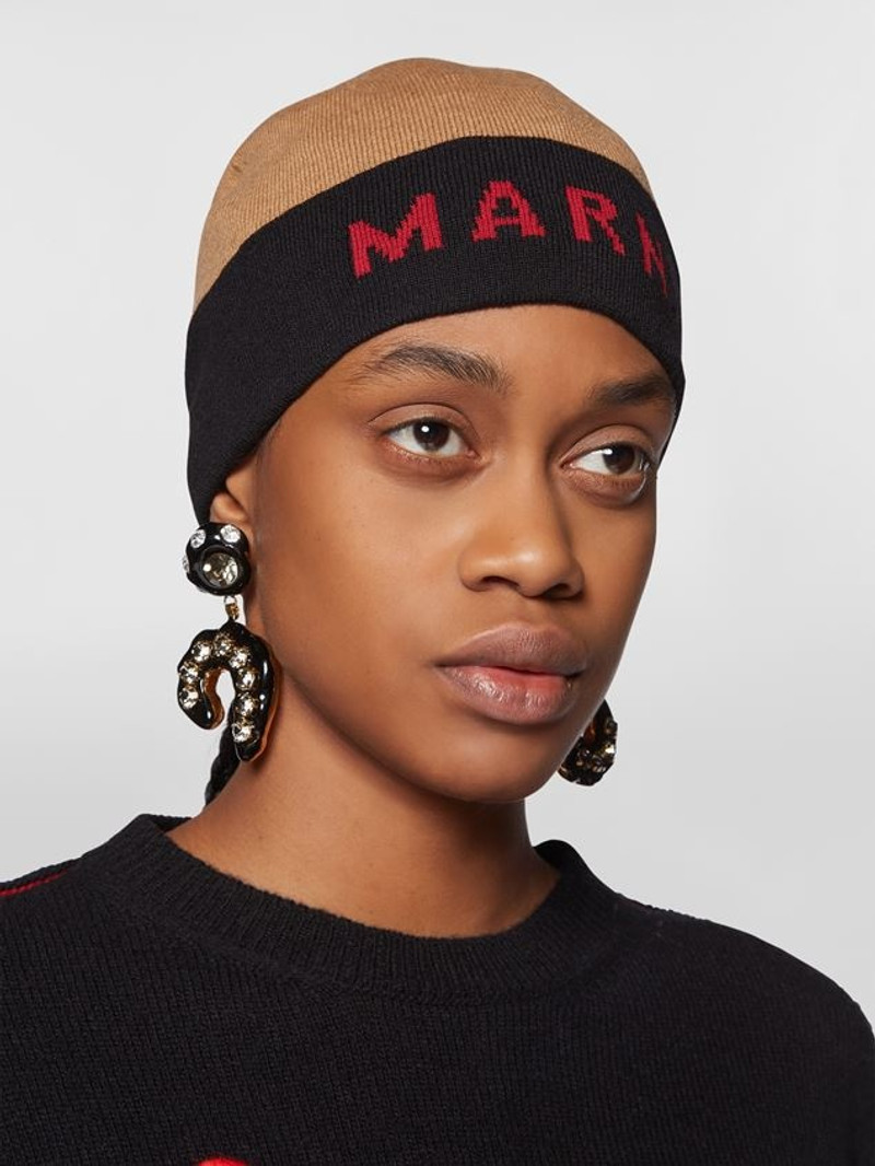 Marni HAZELNUT VIRGIN WOOL BEANIE WITH JACQUARD LOGO outlook