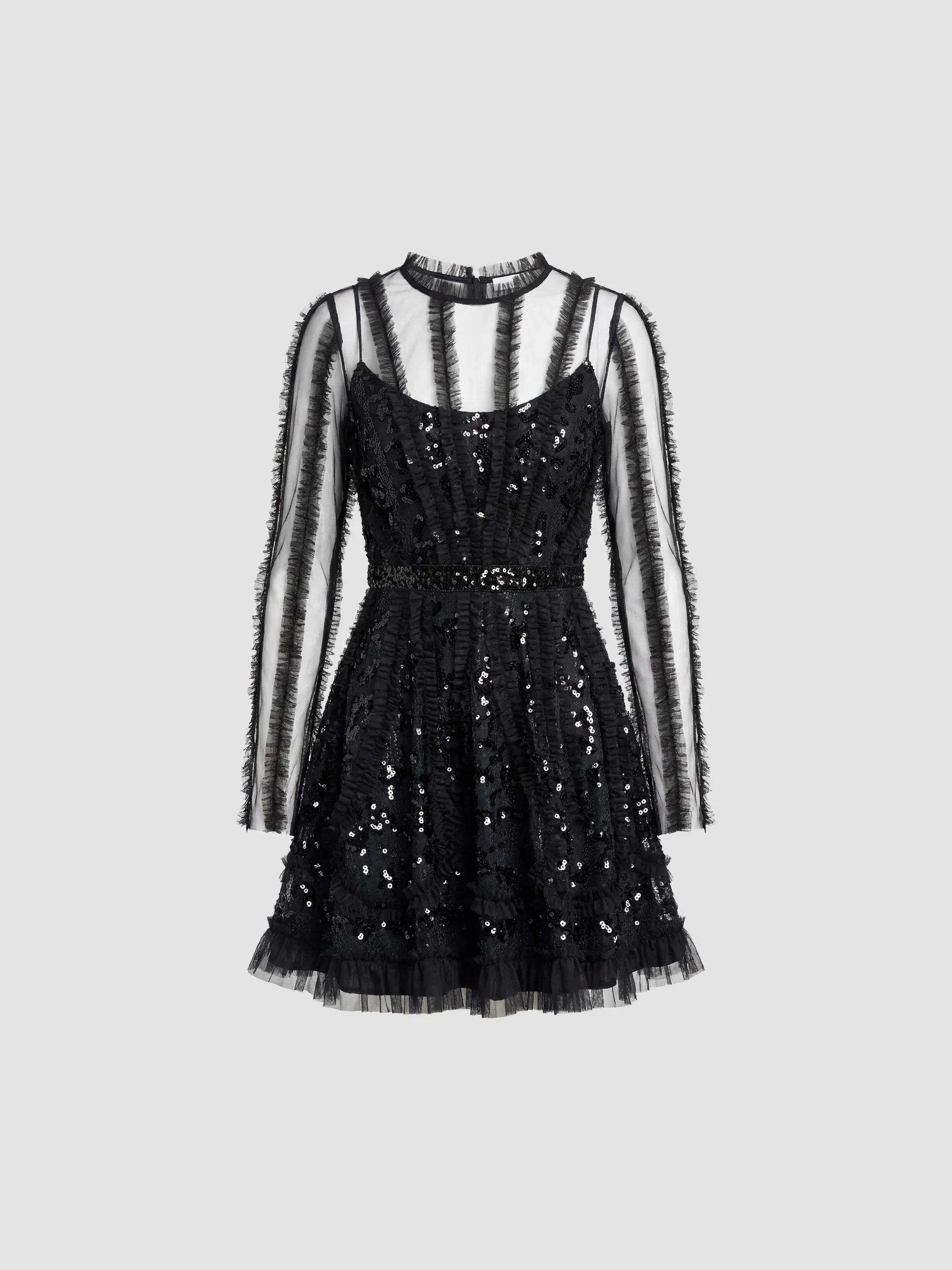 Women's Mesh Lace Ruffled Mini Dress - Black Beige - 1