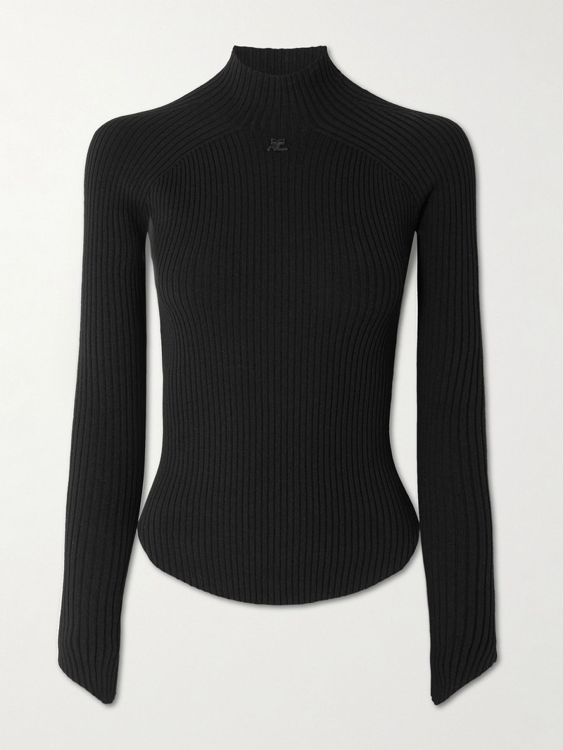 Logo-embroidered ribbed-knit mock-neck top Black 1