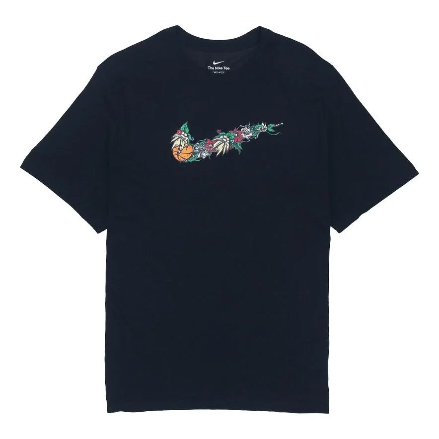 Men's Nike Flowers Large Logo Casual Sports Solid Color Round Neck Short Sleeve Black T-Shirt DV1215 - 1