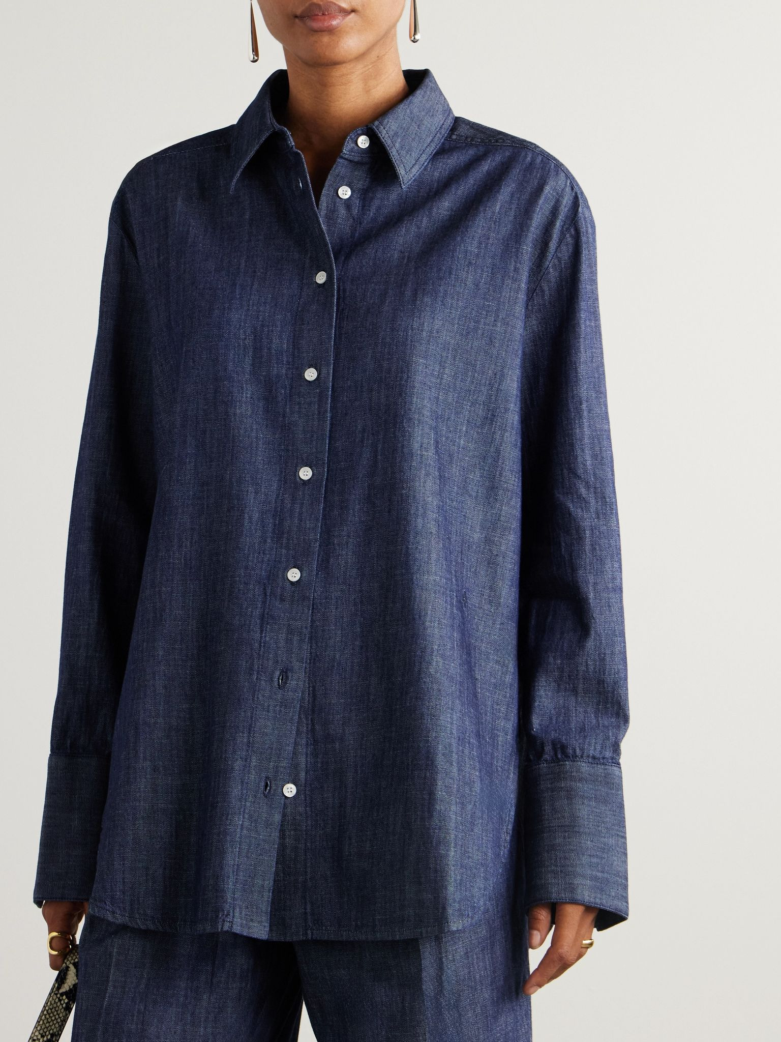 Oversized organic cotton-chambray shirt Navy - 3