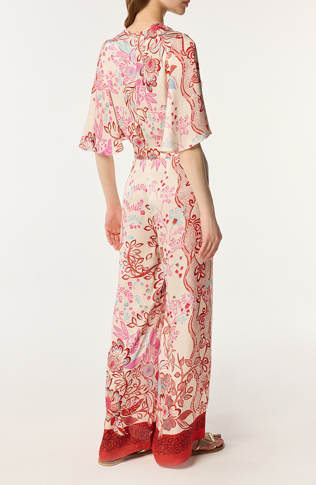 Poupette St Barth Celie Flutter Sleeve Wide Leg Jumpsuit in Red Geo Fish at Nordstrom - 2