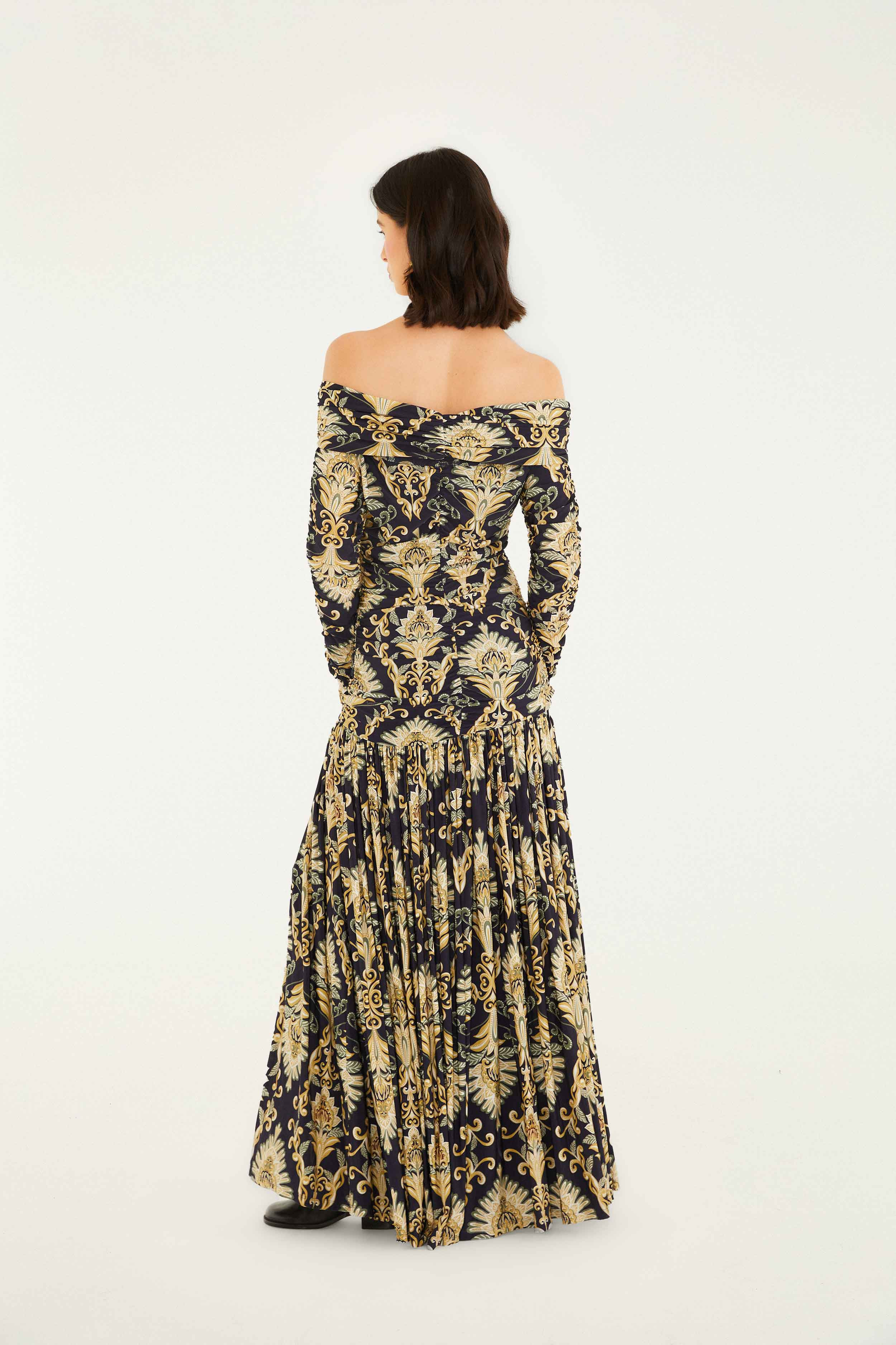 Navy Blue Wonderful Arabesque Off-Shoulder Maxi Dress - 4