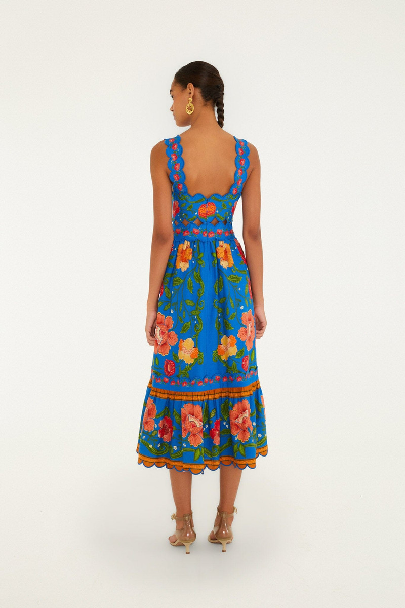 Bright Blue Rococo Flowers Lenzing Ecovero Euroflax Midi Dress 3