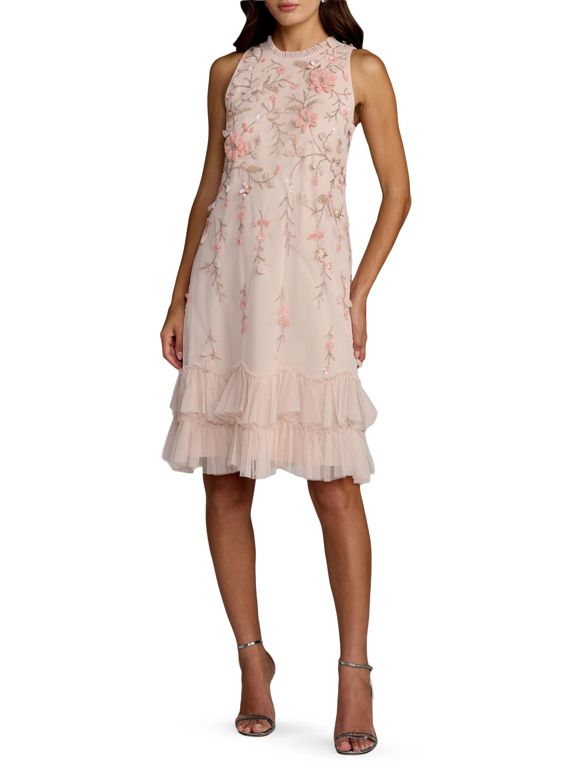 Women's Cocktail Floral Embellished Chiffon Tiered Dress - Peach - 1