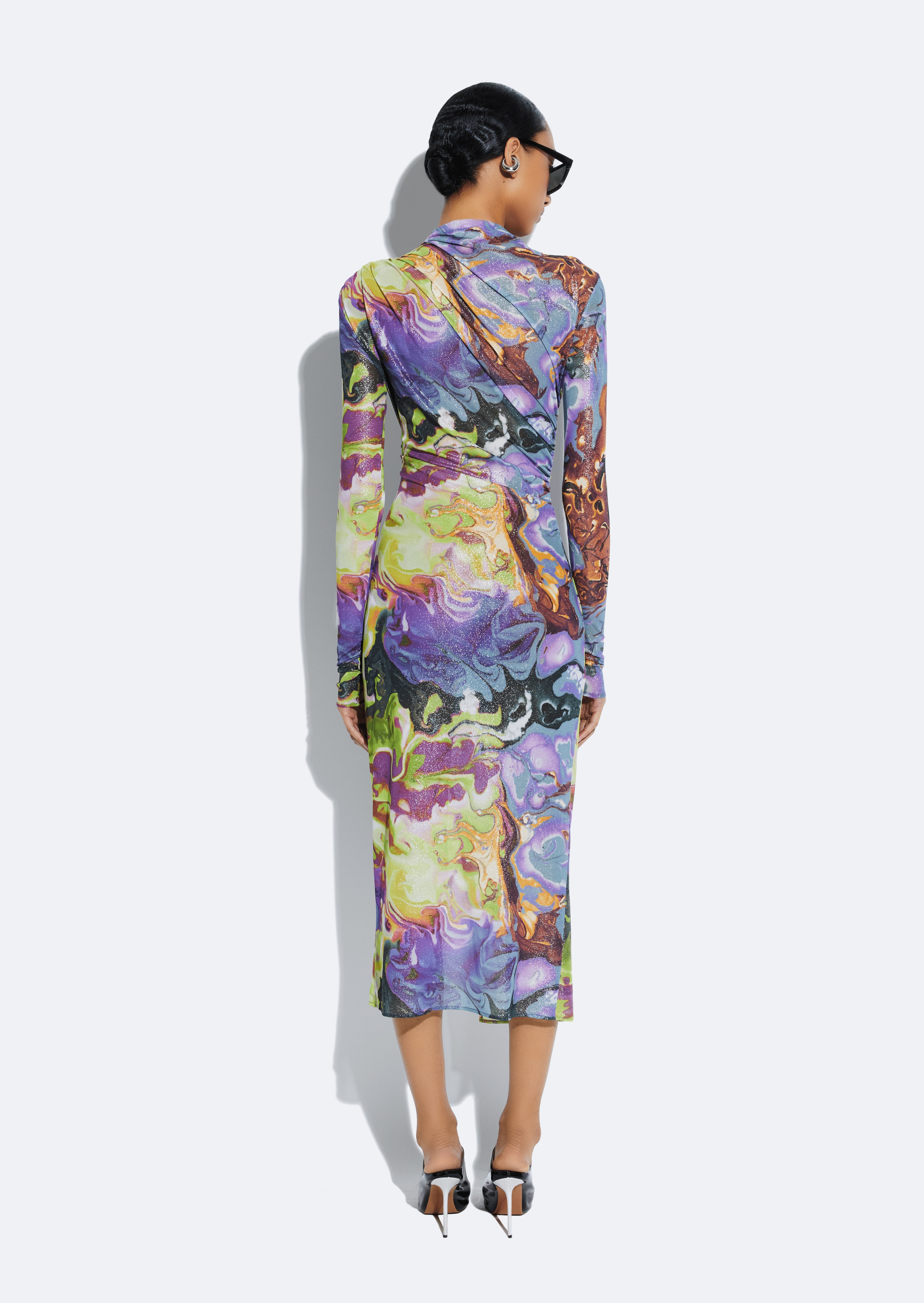 Printed Mesh Draped Midi Dress - 4