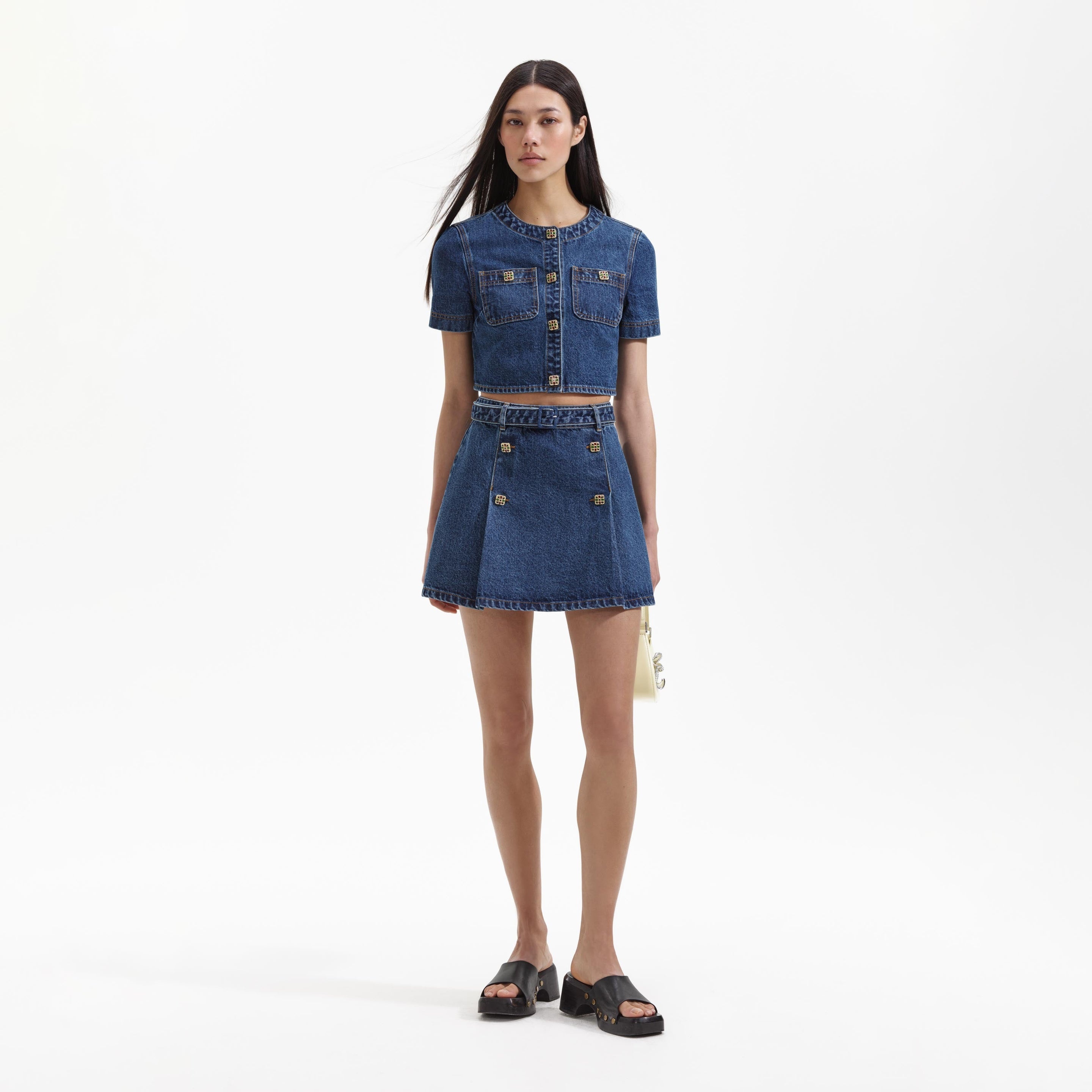 Denim Short Sleeve Crop Top - 1