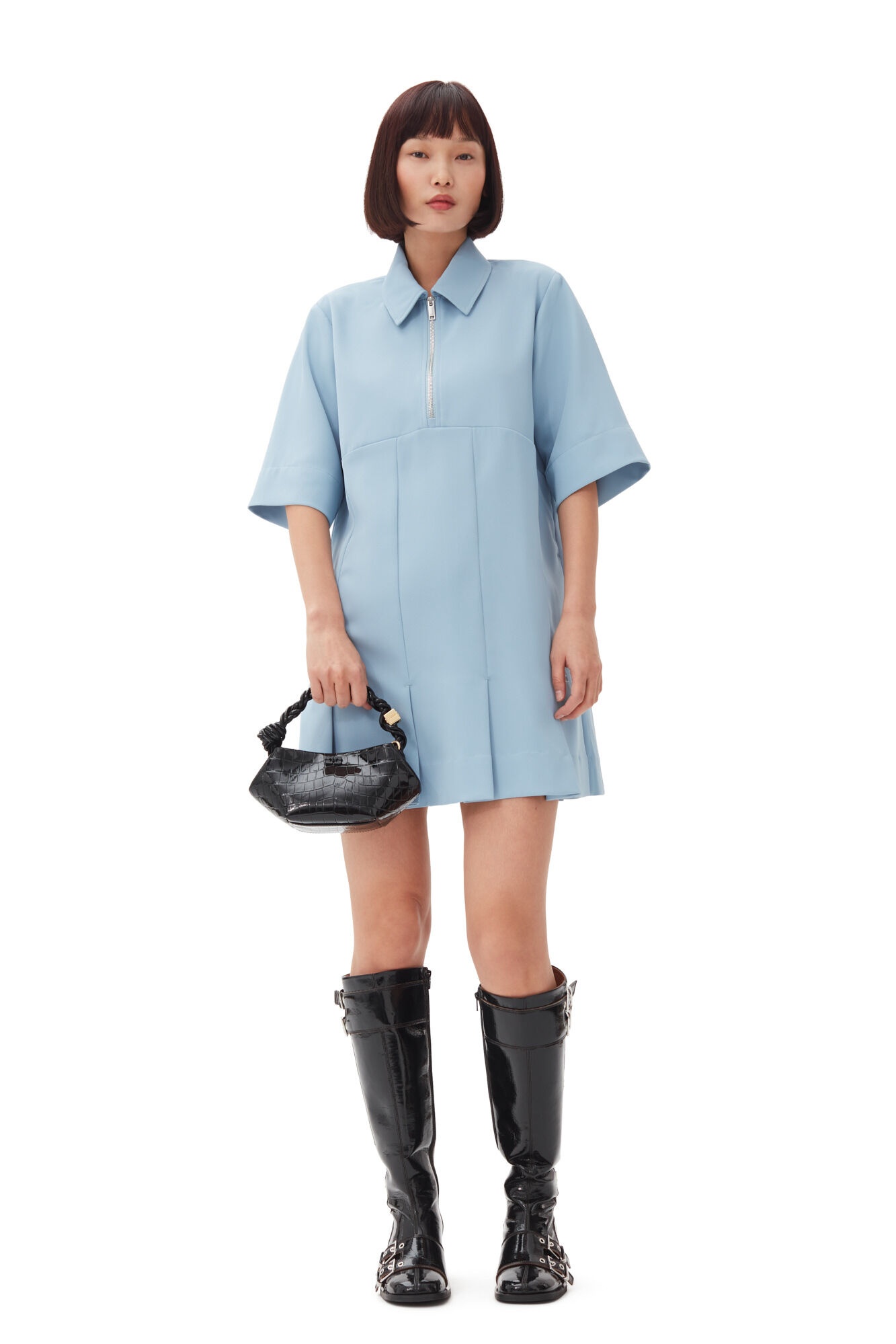 LIGHT BLUE TWILL SUITING MINI DRESS - 4