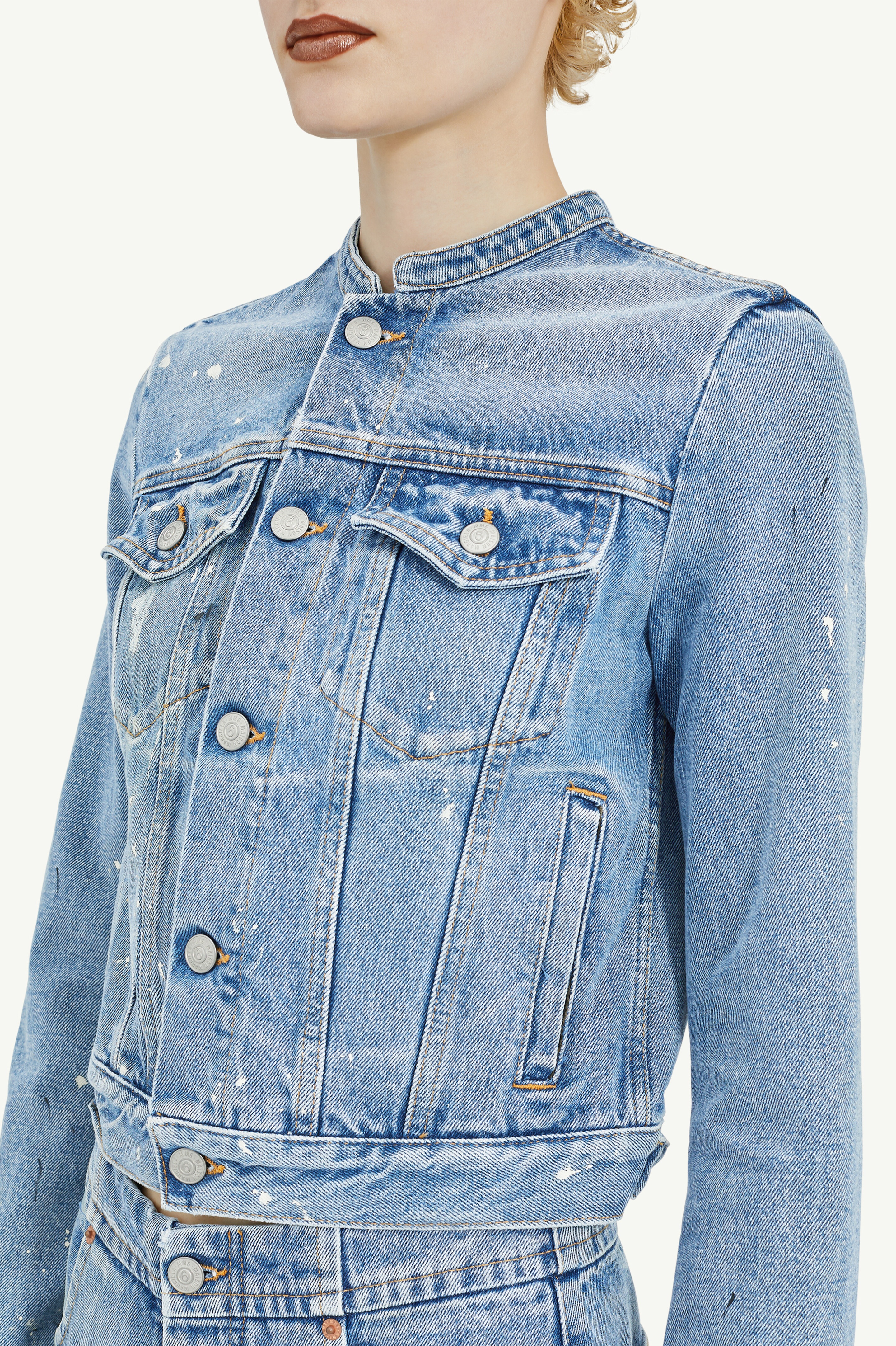 Collarless Denim Jacket - 5