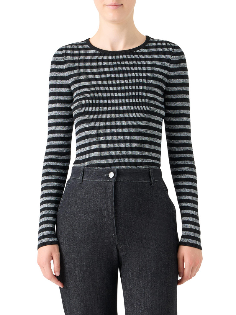 Women's Metallic Striped Merino Wool Rib-Knit Sweater - Black Brushed Steel 3