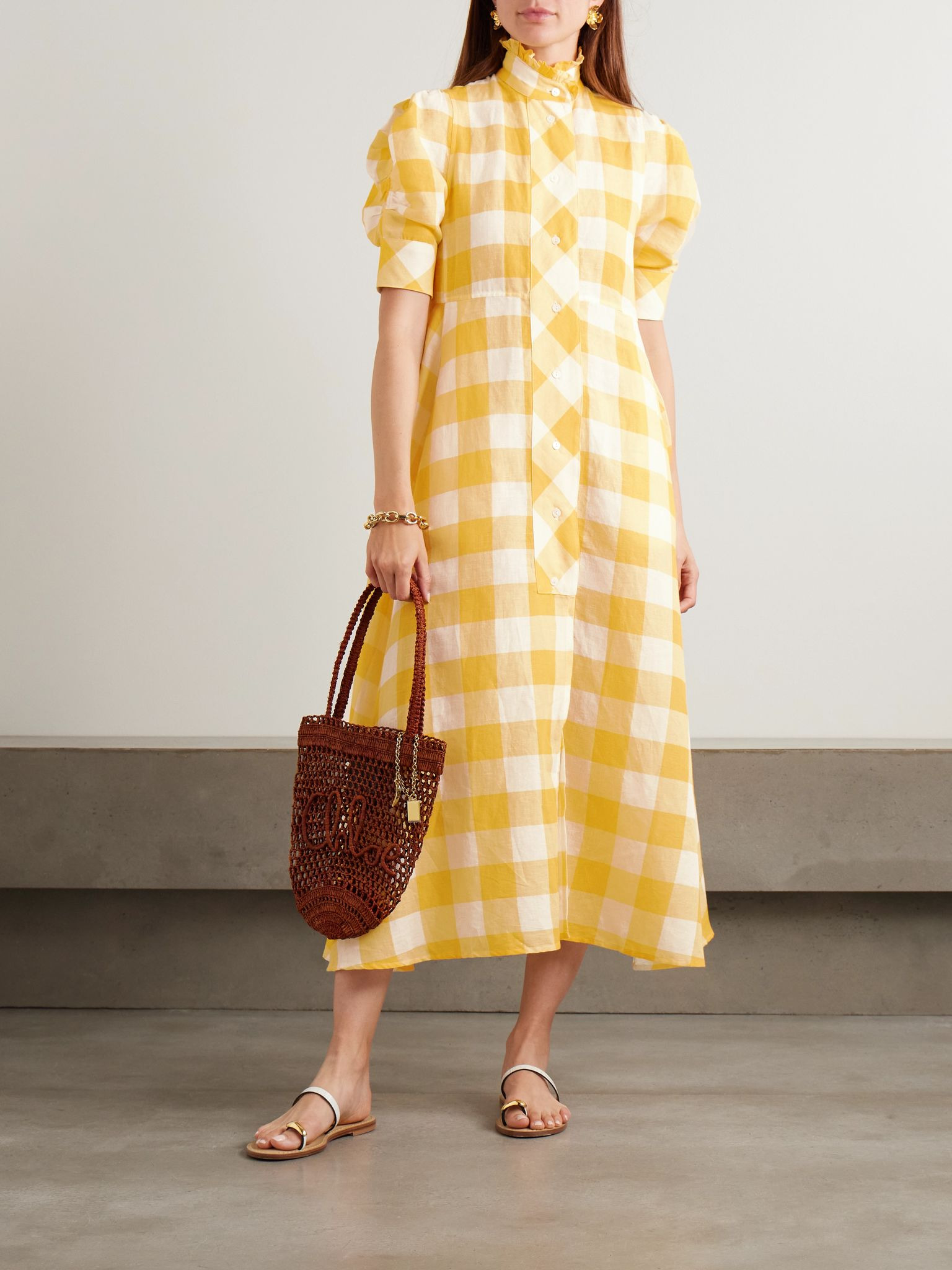 Venetia ruffled gingham linen and cotton-blend midi dress Yellow - 2