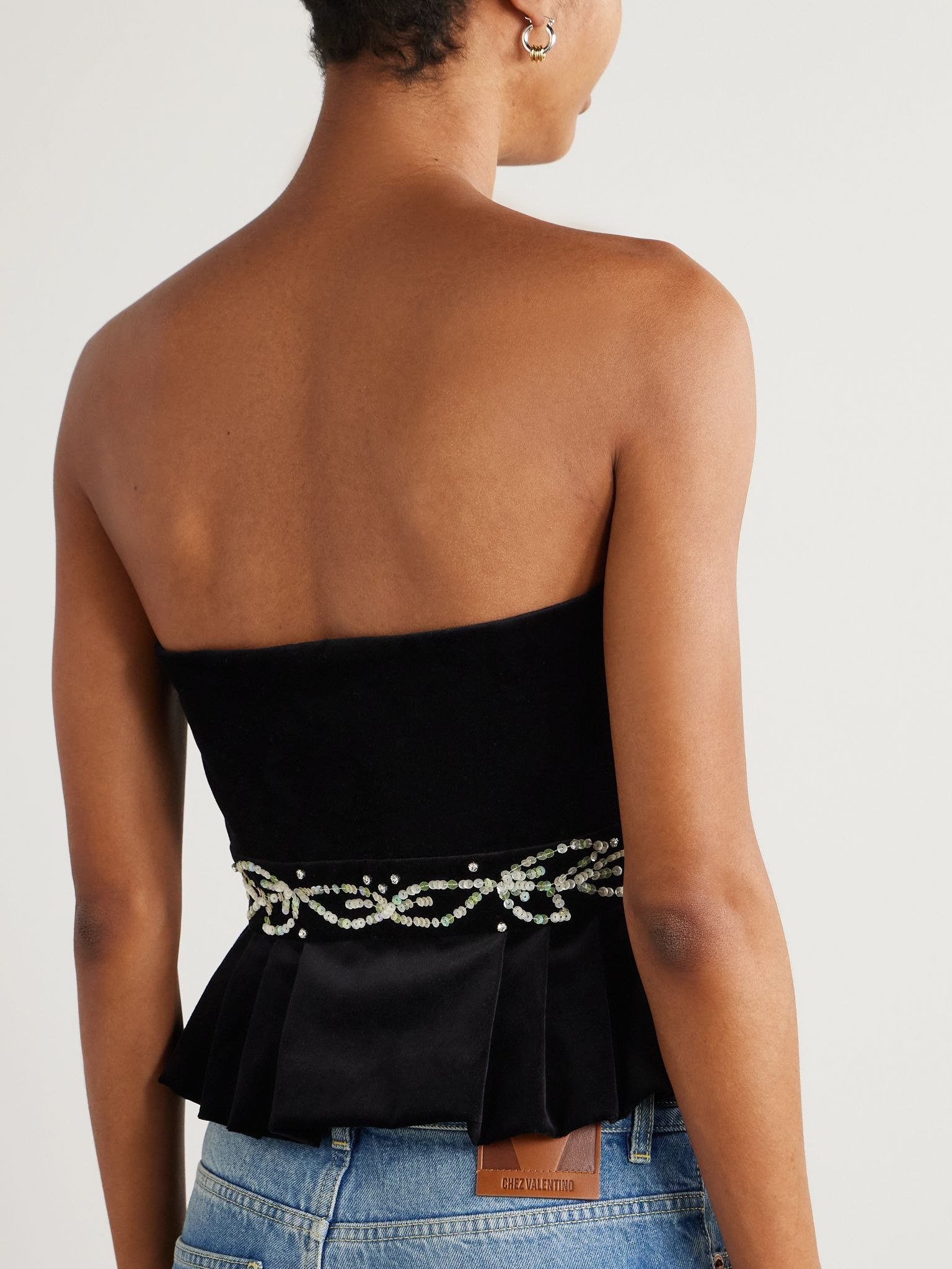 Embellished satin-trimmed cropped cotton-blend velvet peplum top Black - 3